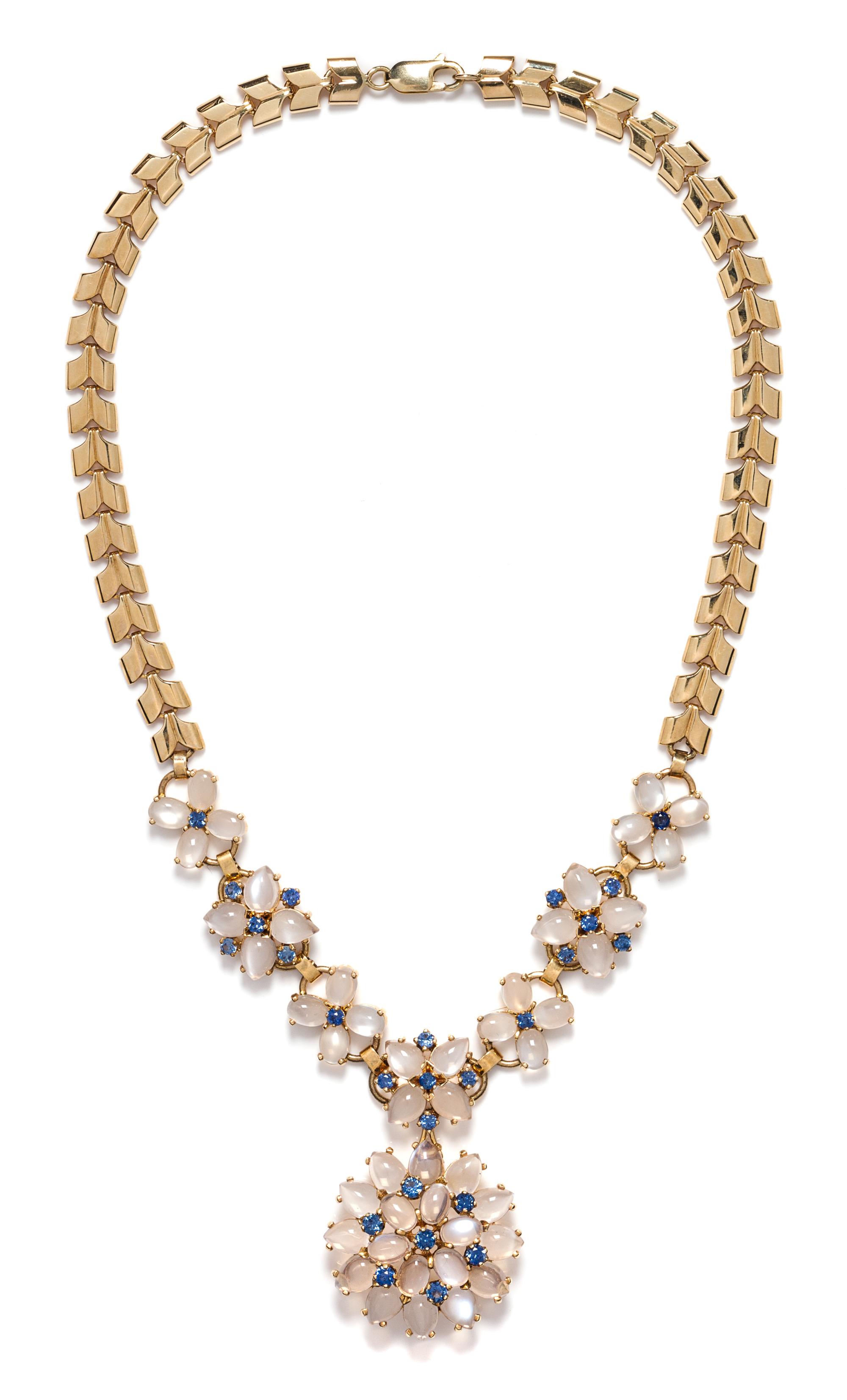 A Retro Yellow Gold, Moonstone, and Sapphire Convertible Necklace, Wordley, Allsopp & Bliss, 59.50 dwts.