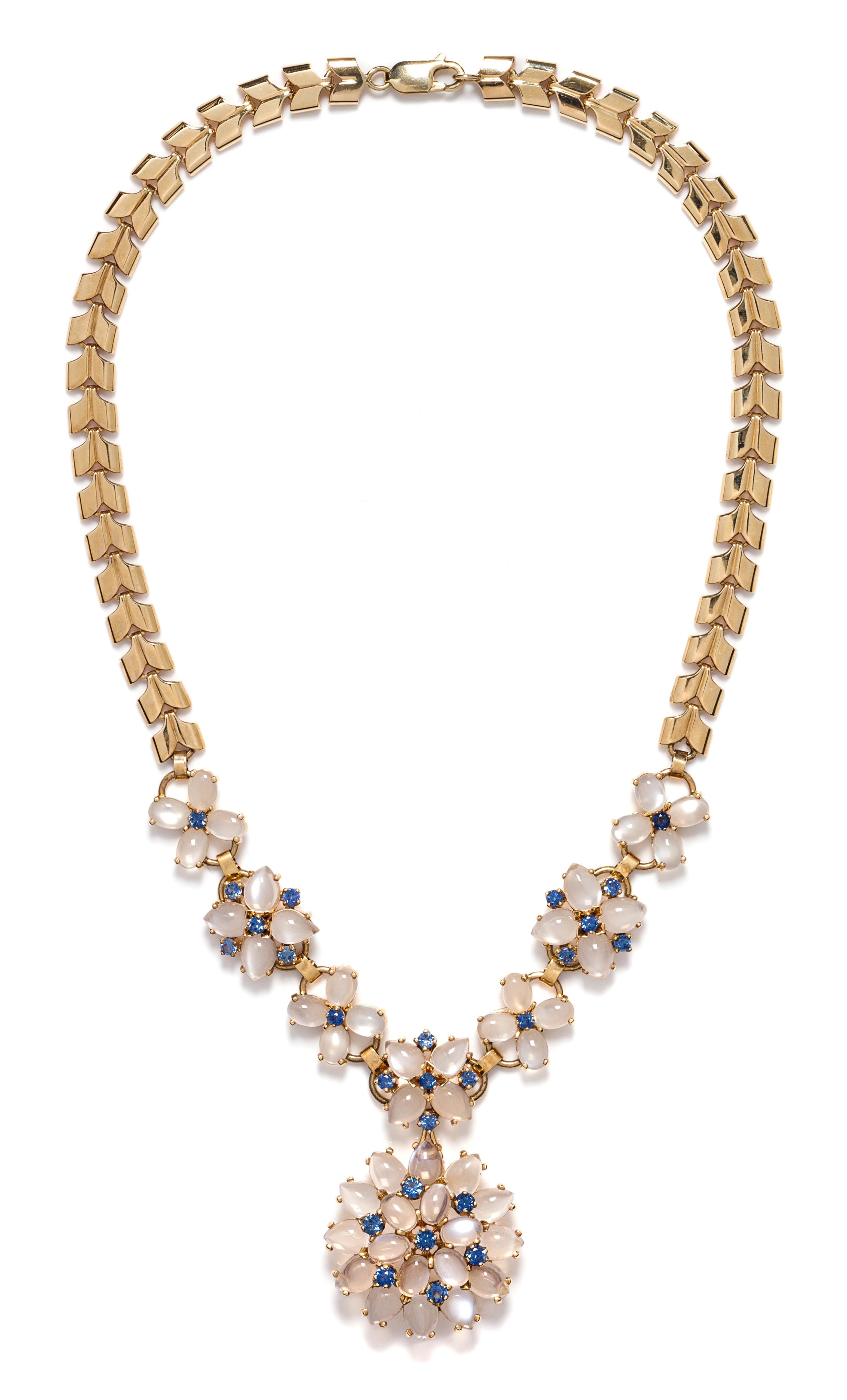 A Retro Yellow Gold, Moonstone, and Sapphire Convertible Necklace, Wordley, Allsopp & Bliss, 59.50 dwts.