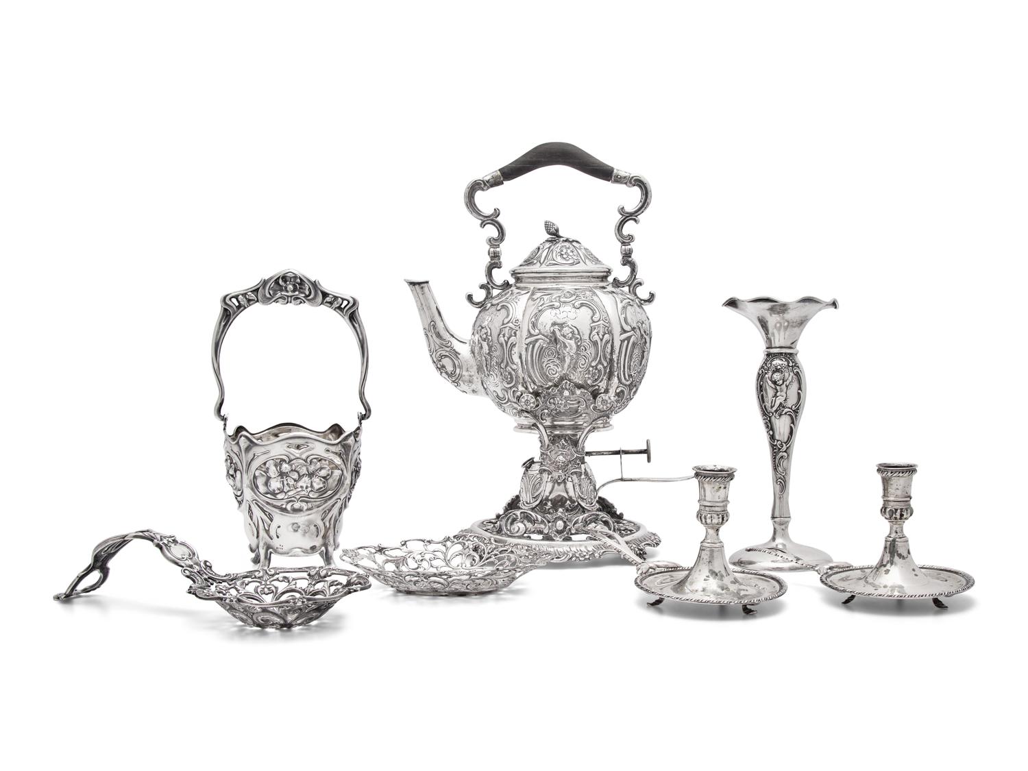 A Group of Six Continental and American Silver Repousse and Reticulated Articles