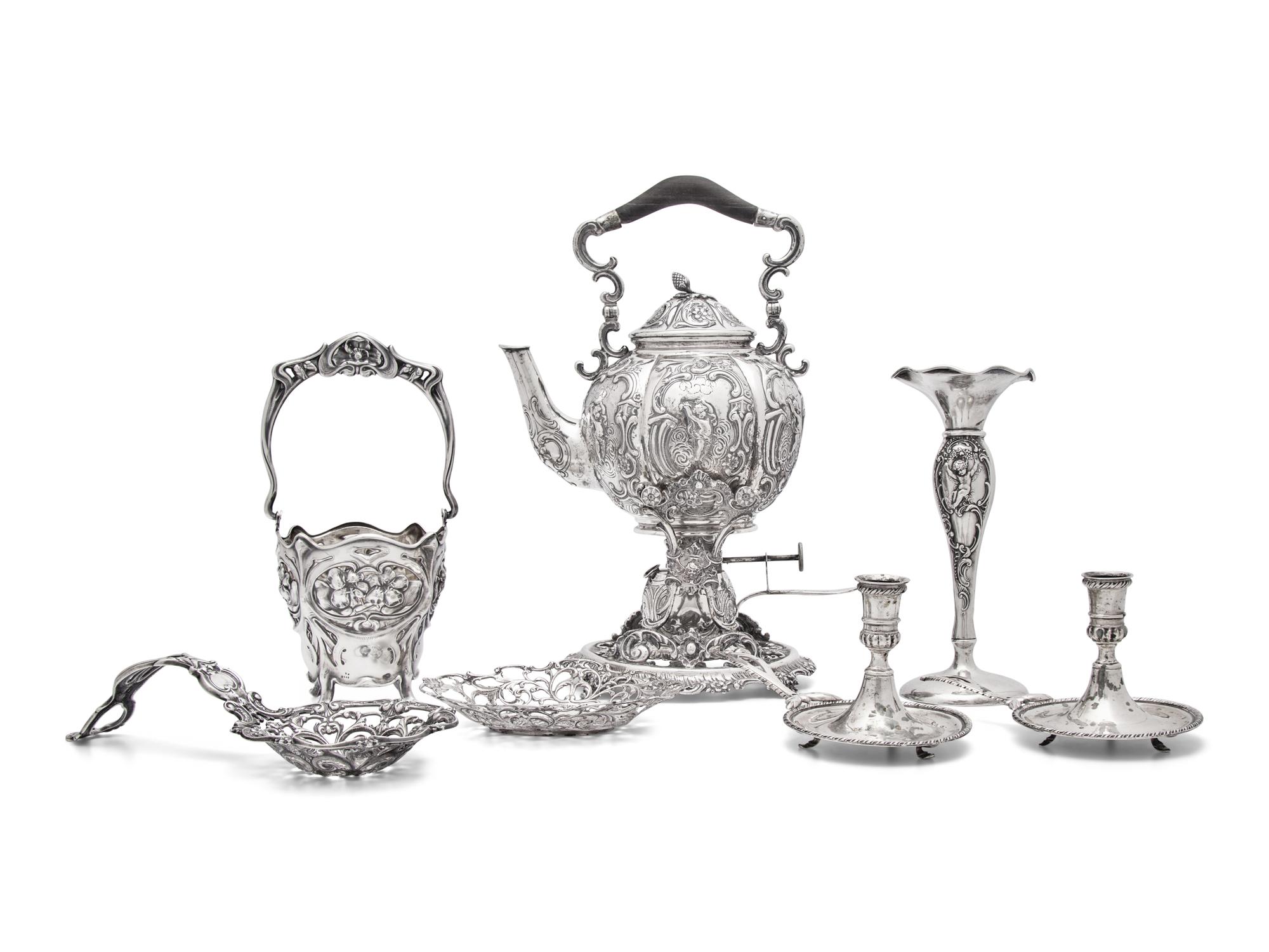 A Group of Six Continental and American Silver Repousse and Reticulated Articles