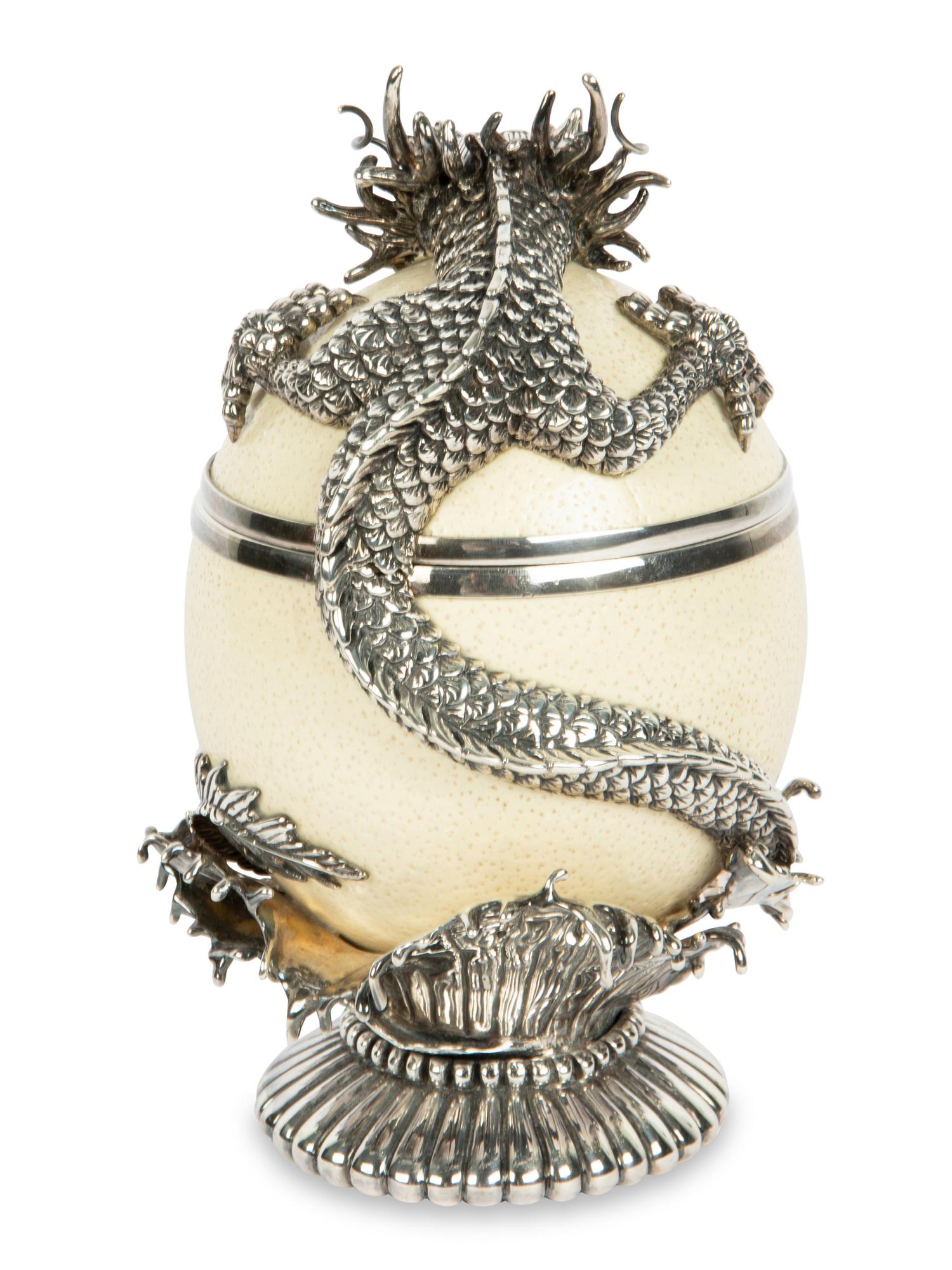 A Silver Mounted Ostrich Egg 'Dragon' Box and Cover