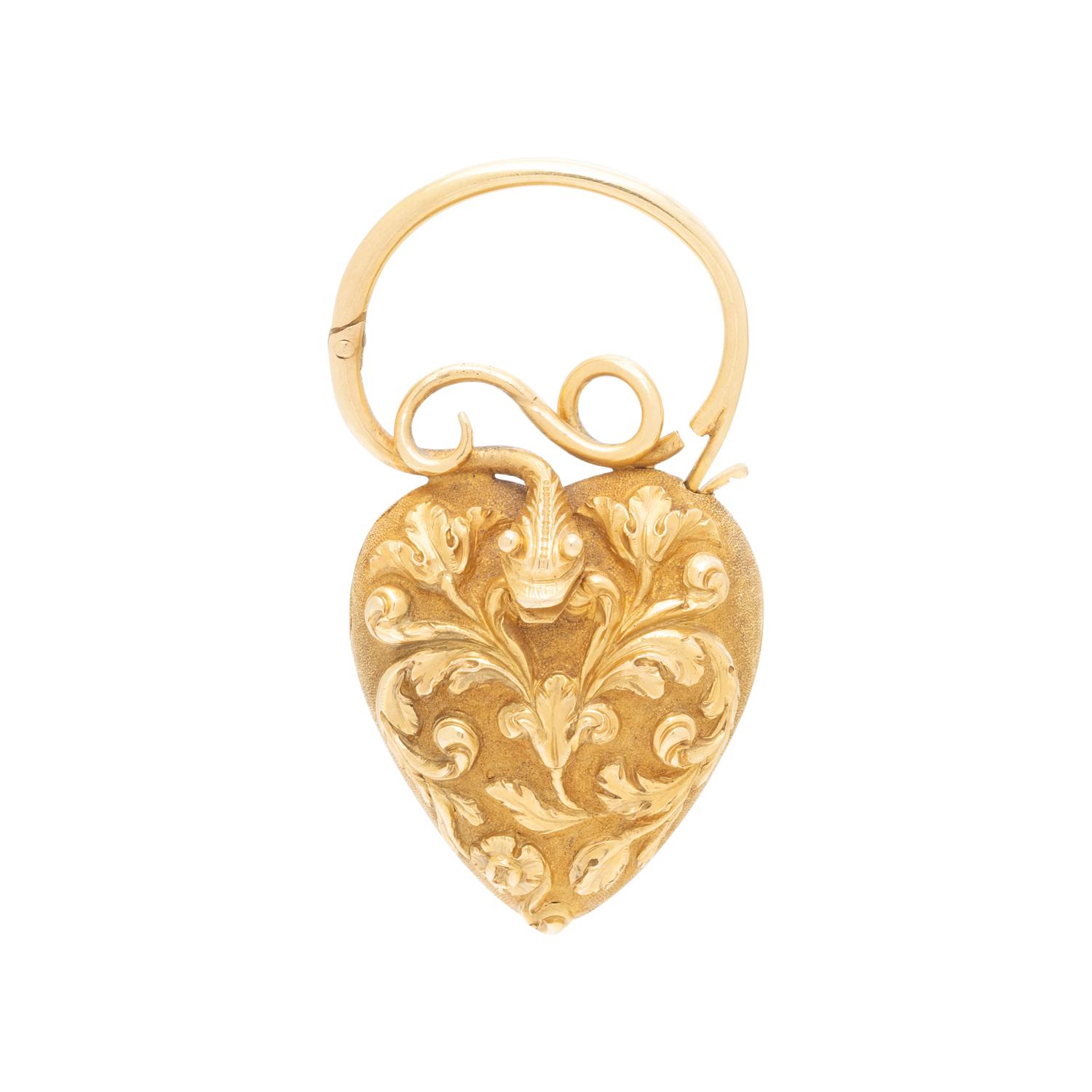 VICTORIAN, YELLOW GOLD HEART LOCKET PENDANT WITH SNAKE-MOTIF BAIL