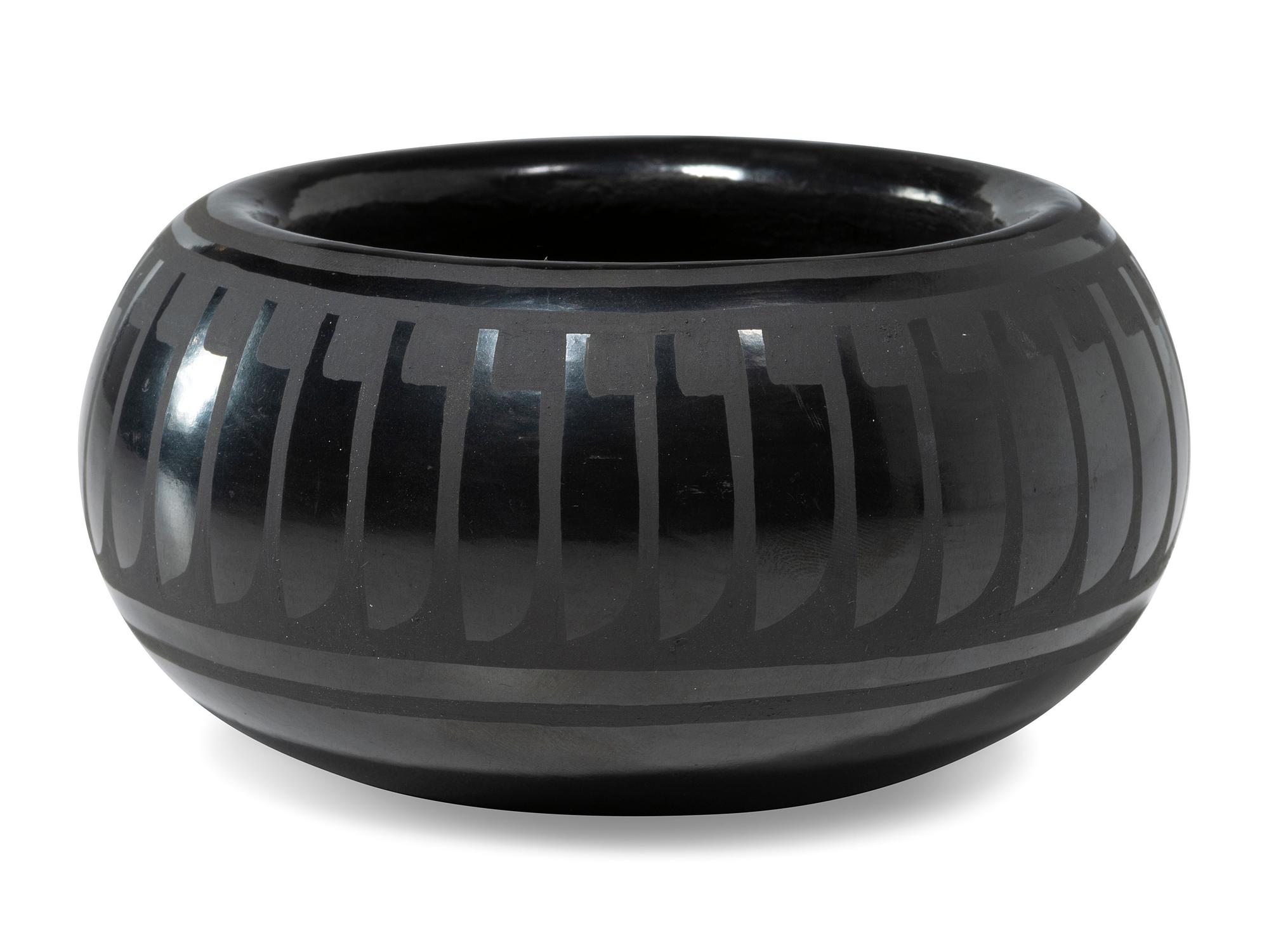Blackware Pottery Jar, with Repeating Feather Design
