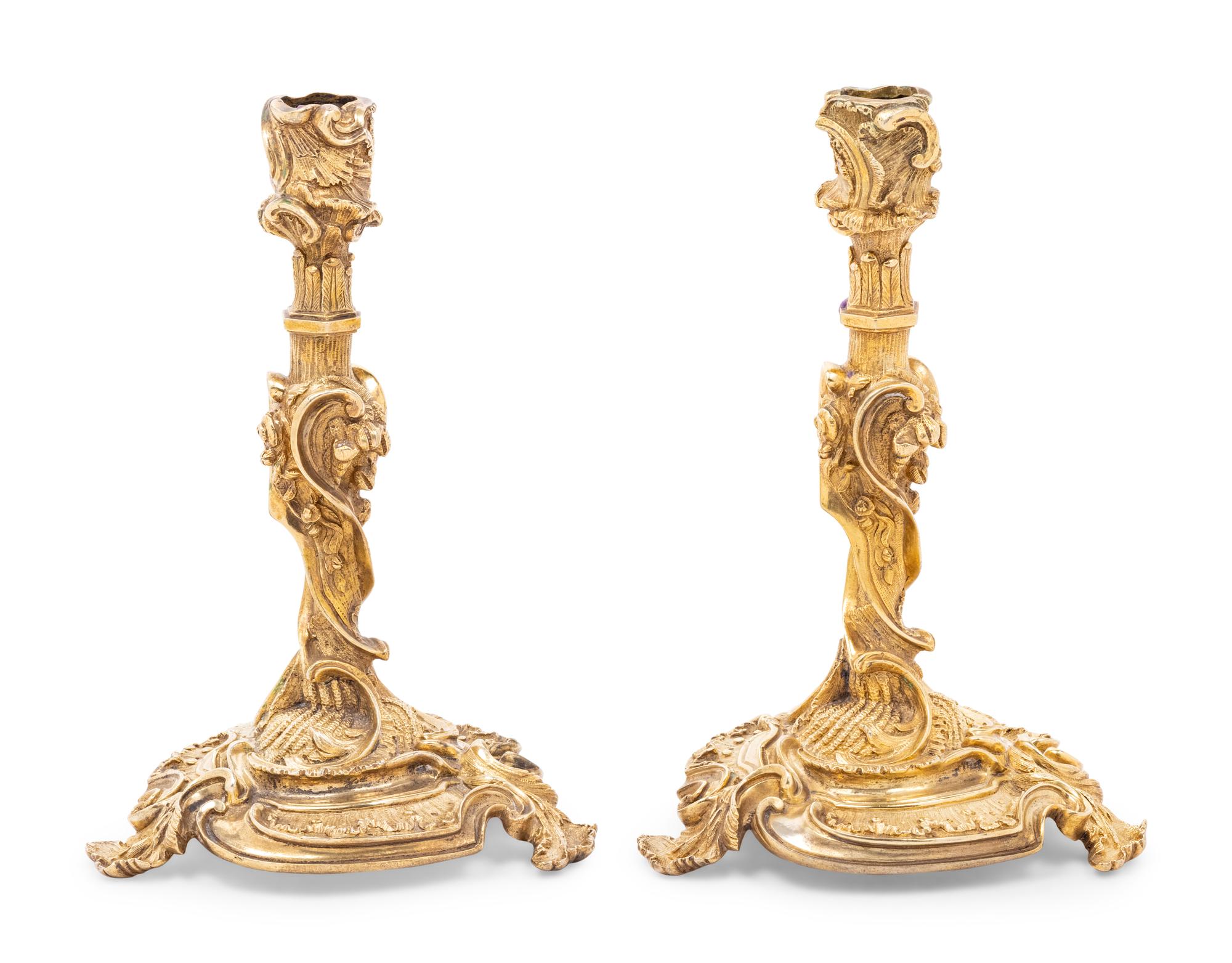 A Pair of Rococo Style Gilt Bronze Candlesticks
