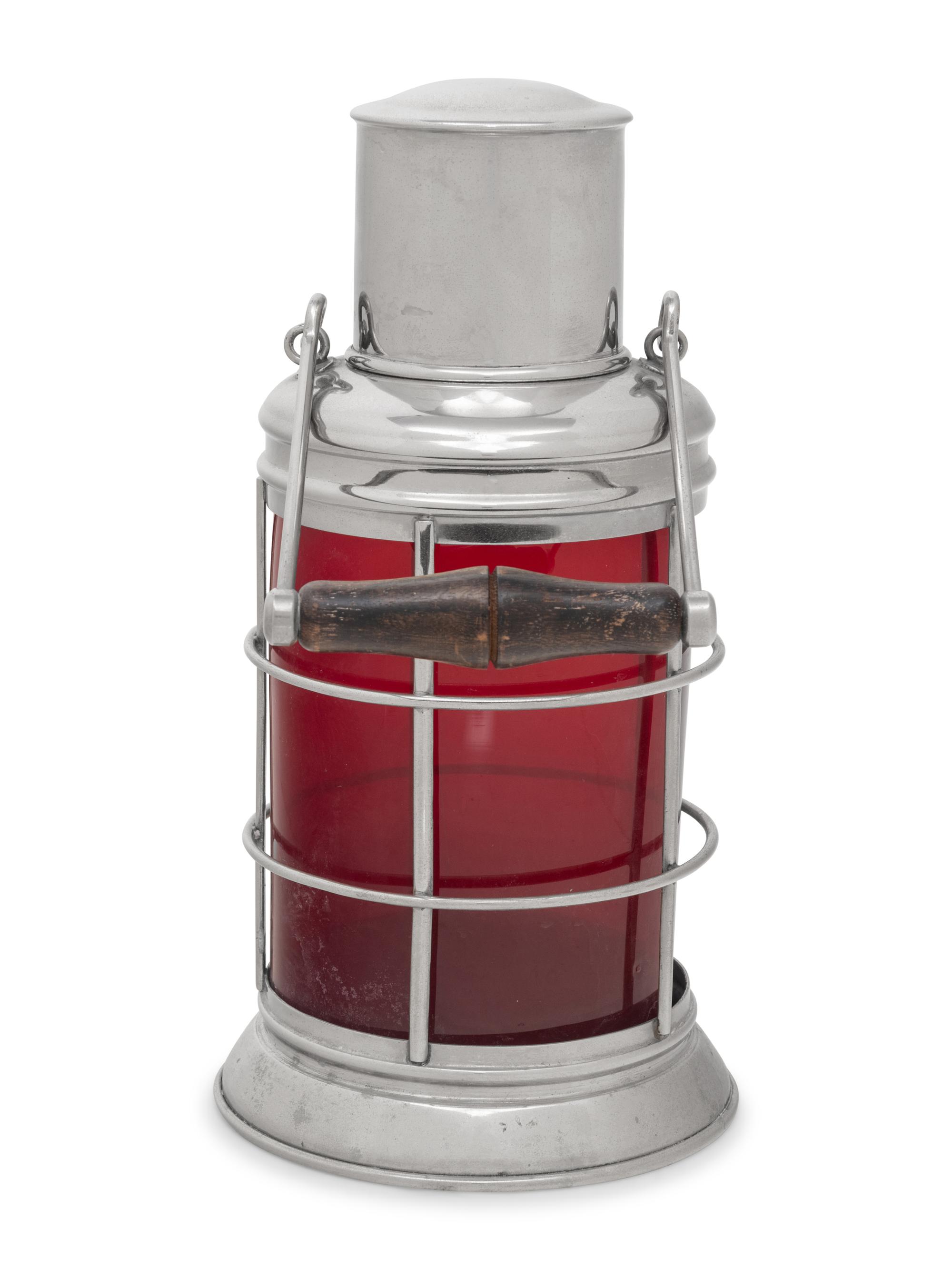 A Polished Steel and Colored Glass Lantern-Form Cocktail Shaker