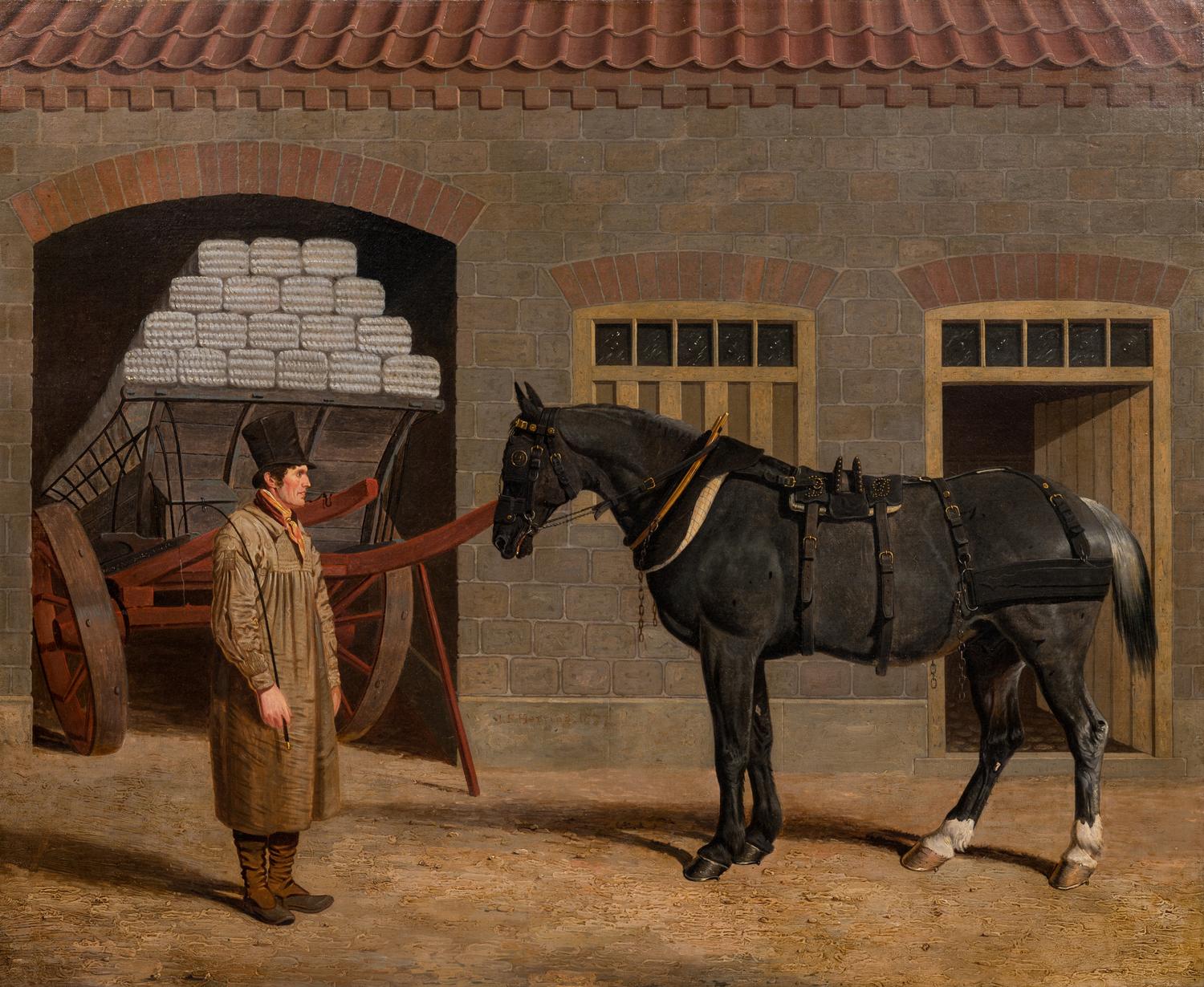 A Cart Horse and Driver Outside a Stable