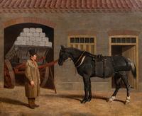 A Cart Horse and Driver Outside a Stable