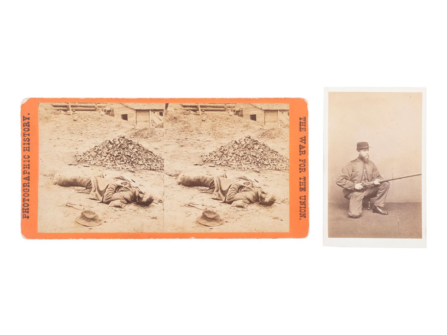 [CIVIL WAR]. Stereoview of a Rebel casualty and CDV of armed soldier, with additional photographs.