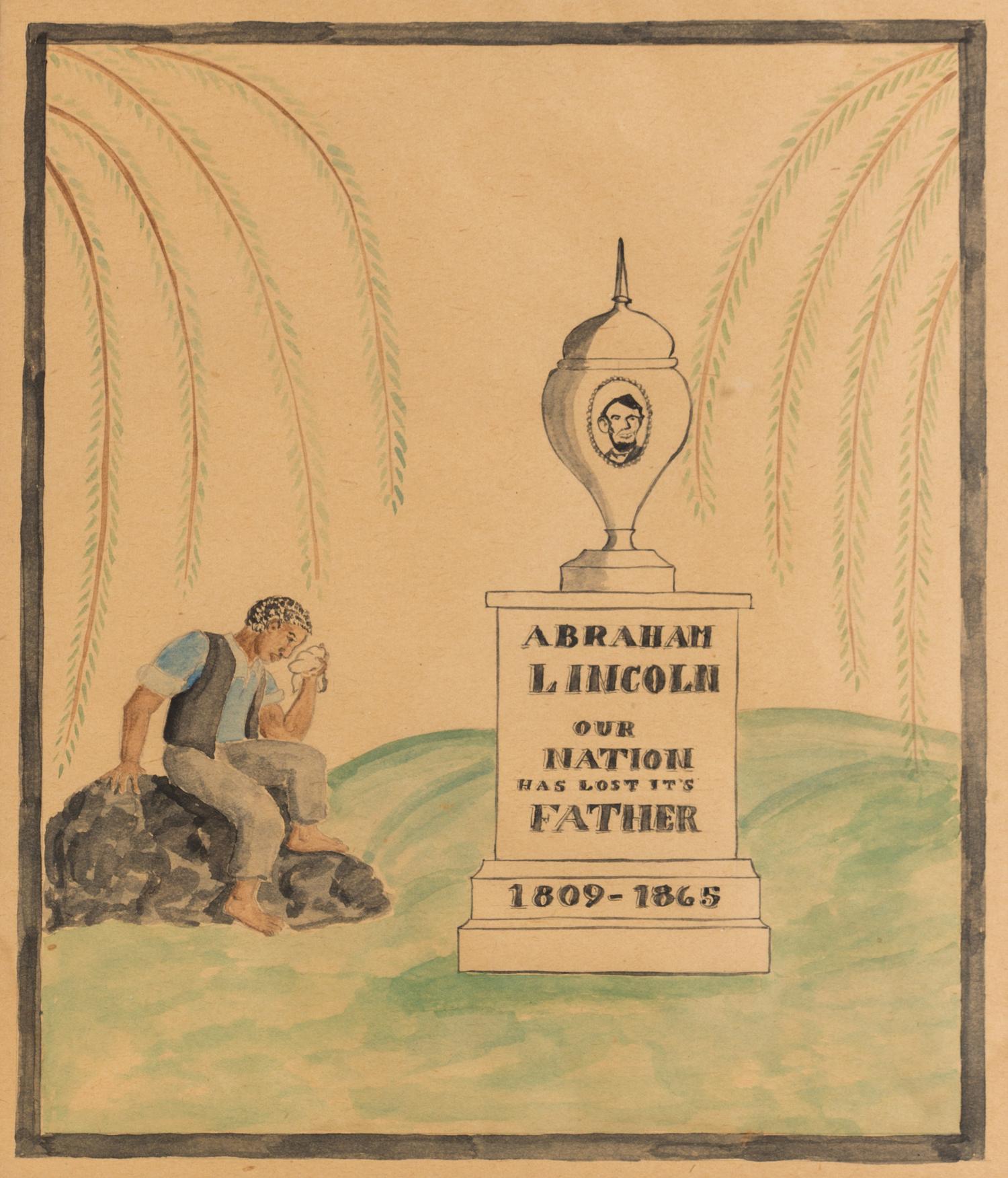(LINCOLN, ABRAHAM) Period original watercolor of a freedman mourning at Lincoln's grave.