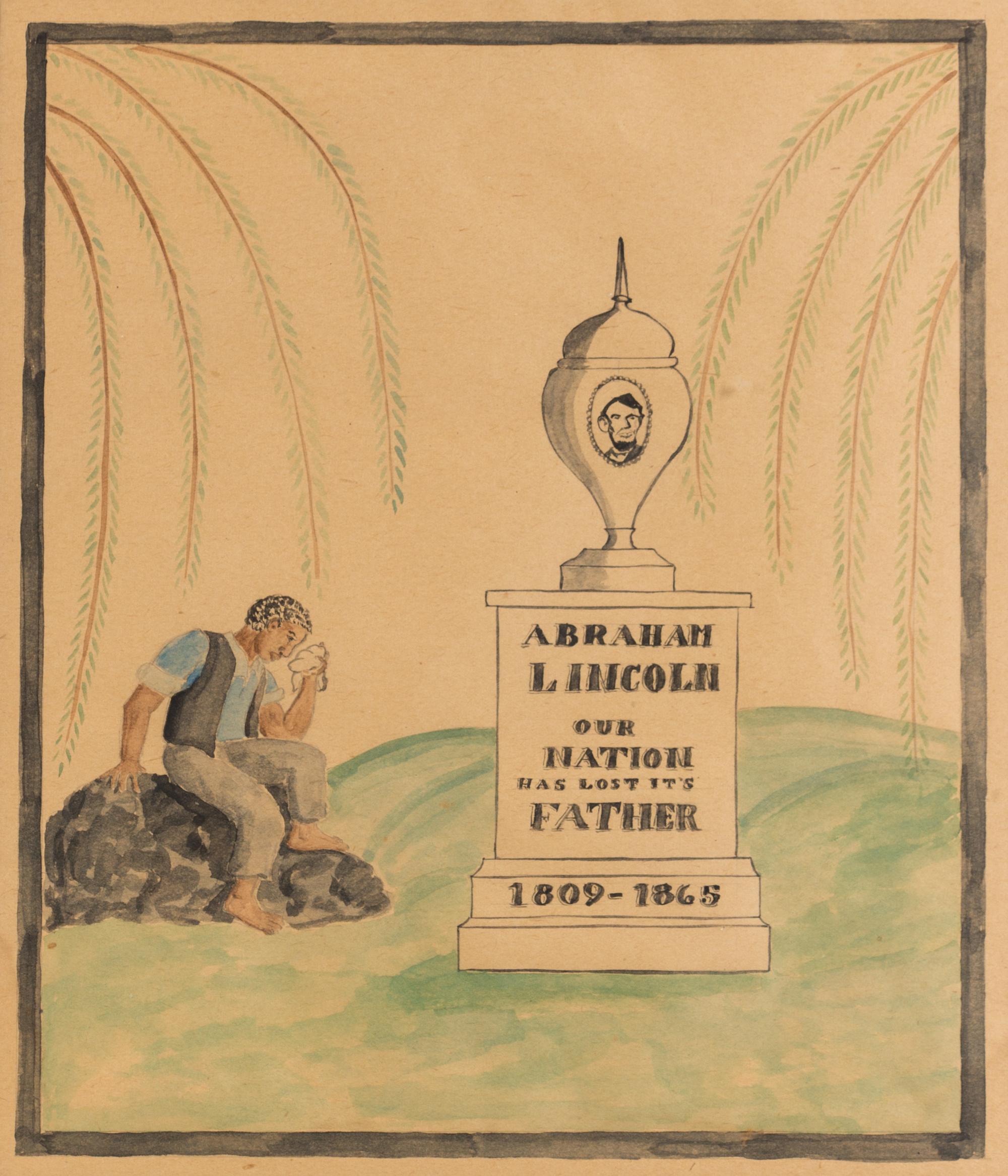 (LINCOLN, ABRAHAM) Period original watercolor of a freedman mourning at Lincoln's grave.
