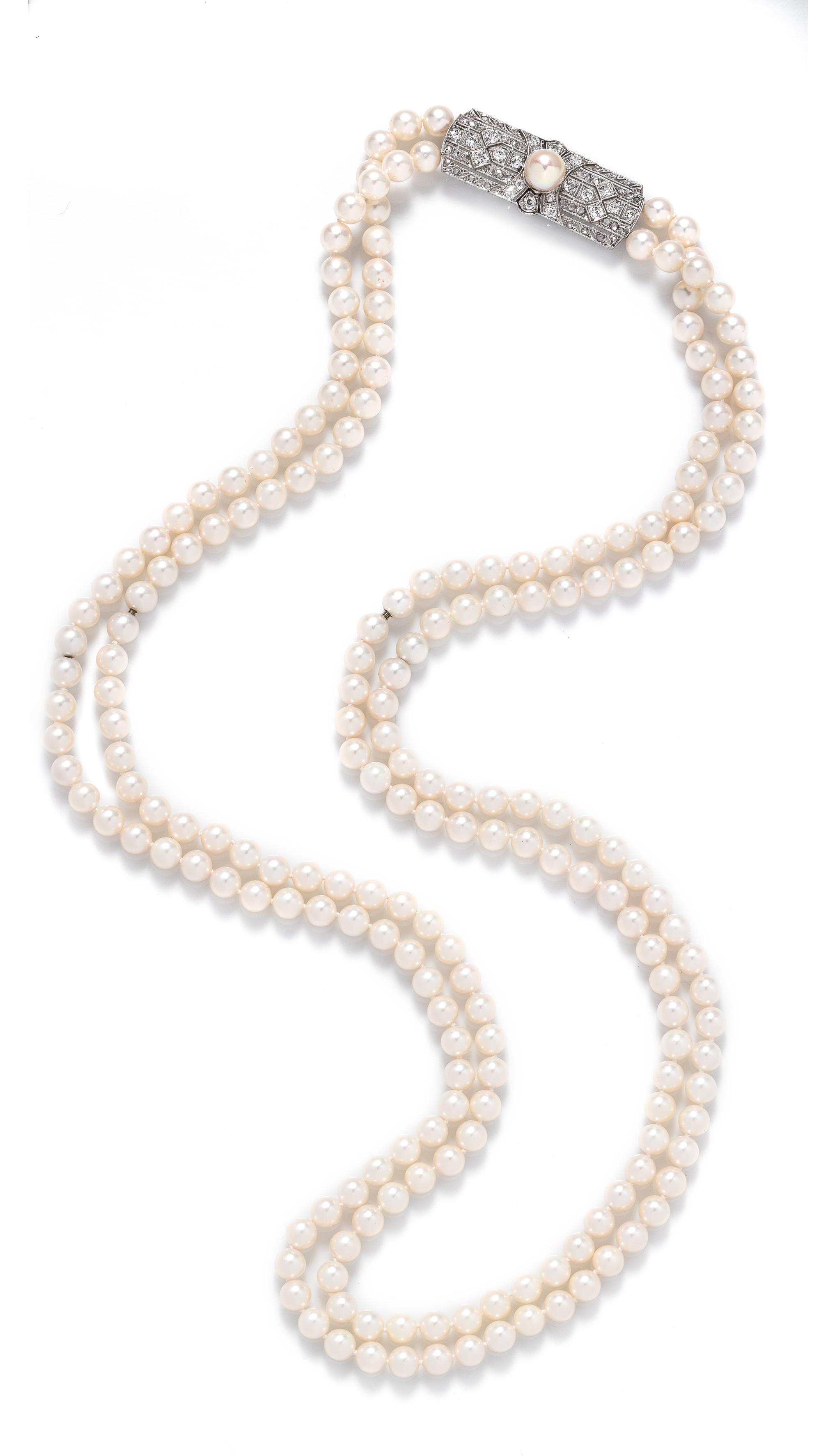 A Platinum, Diamond and Cultured Pearl Necklace,