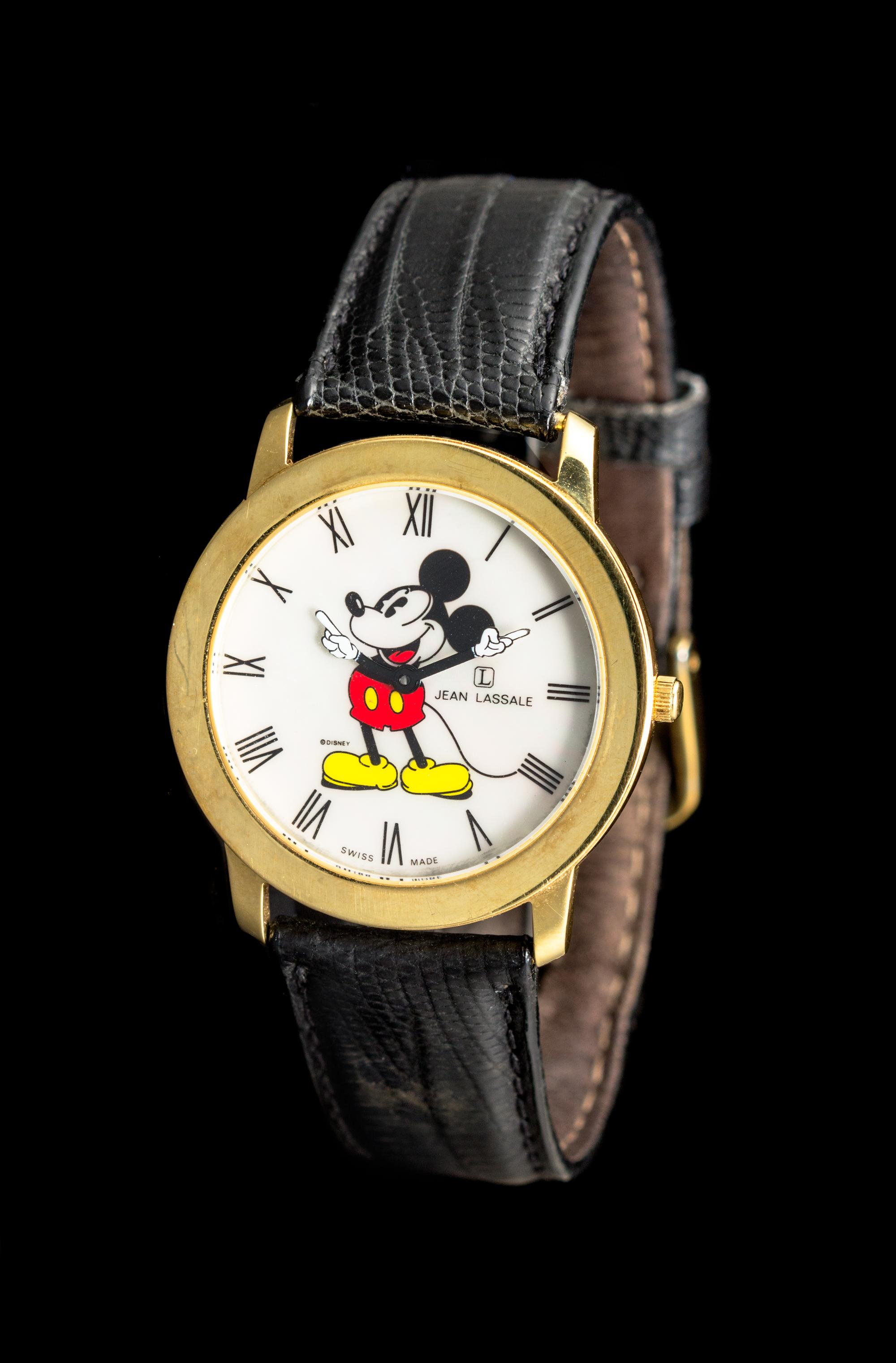 An 18 Karat Yellow Gold and Mother-of-Pearl Painted Mickey Mouse Wristwatch, Jean Lassale for Disney,
