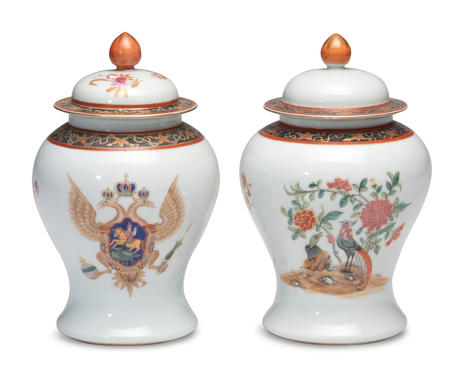 A Pair of Chinese Export Porcelain Lidded Jars Made for the Russian Market