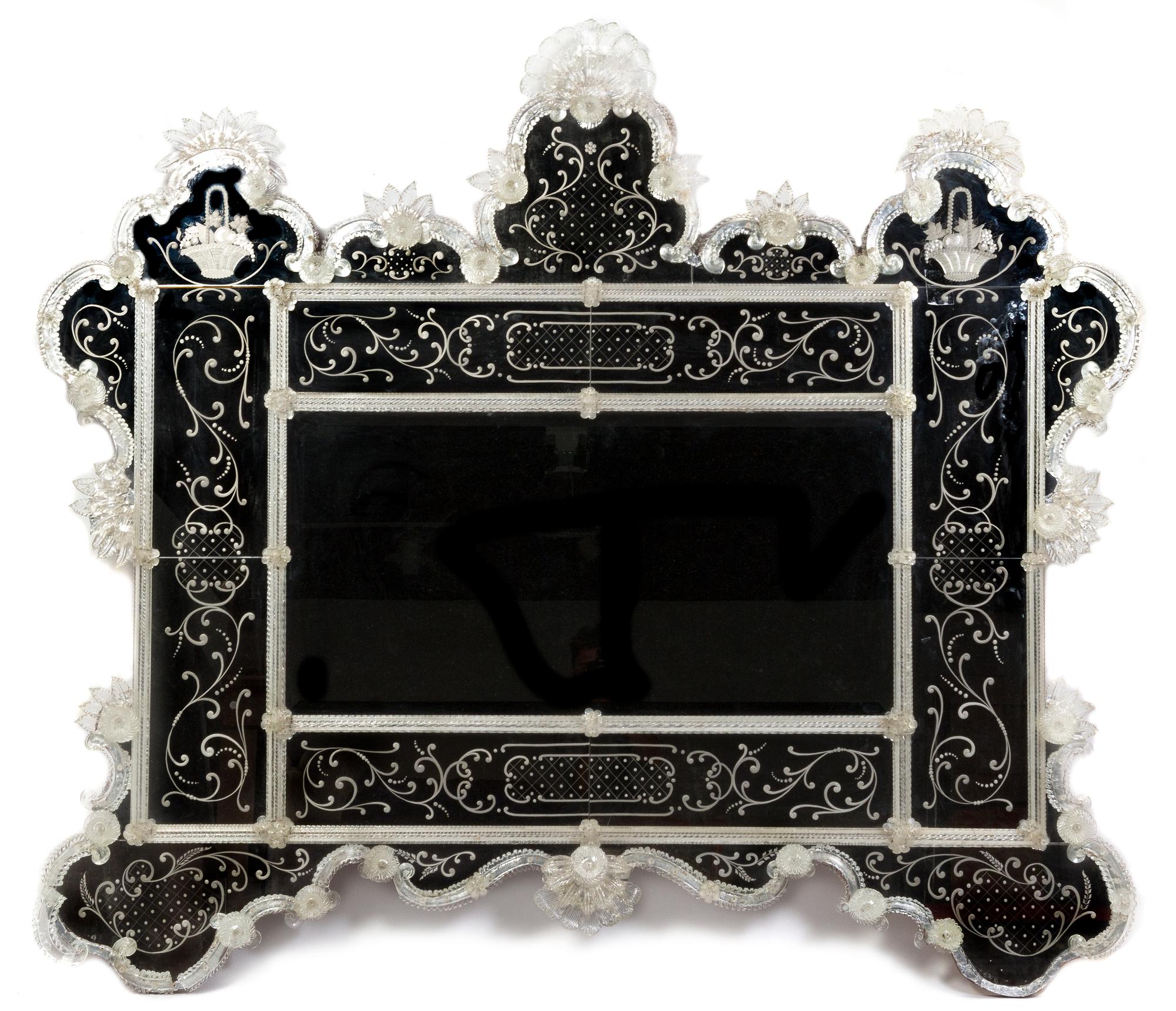 A Venetian Etched Glass Mirror, retailed by Pauly & C., Venice, Height 70 x width 81 inches.