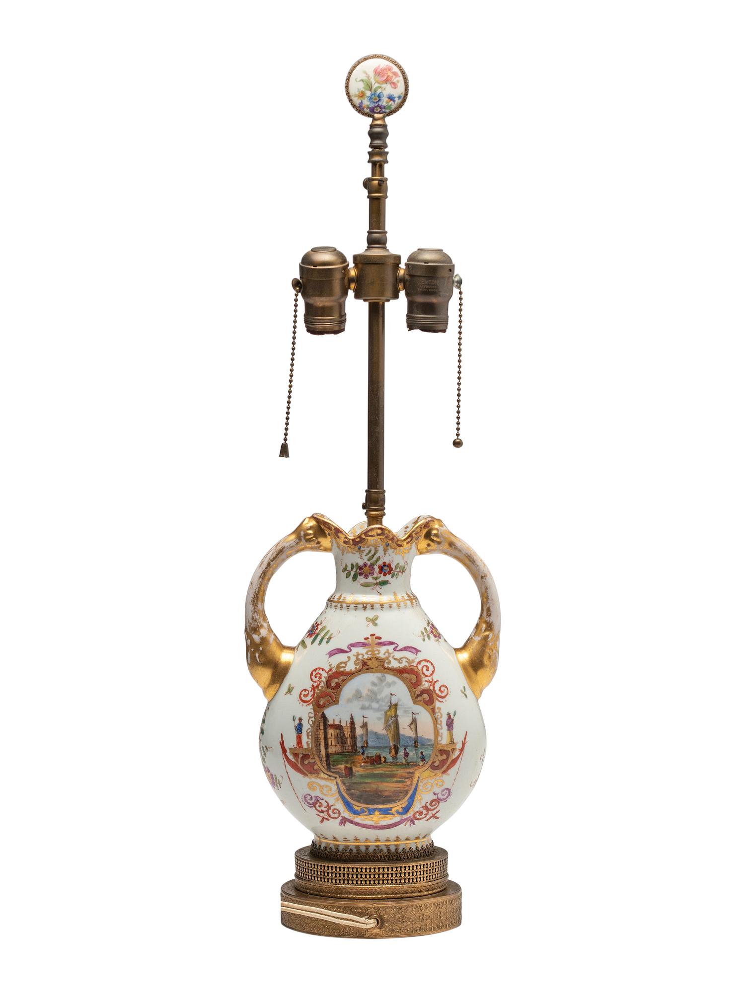 A Continental Porcelain Urn Mounted as a Lamp