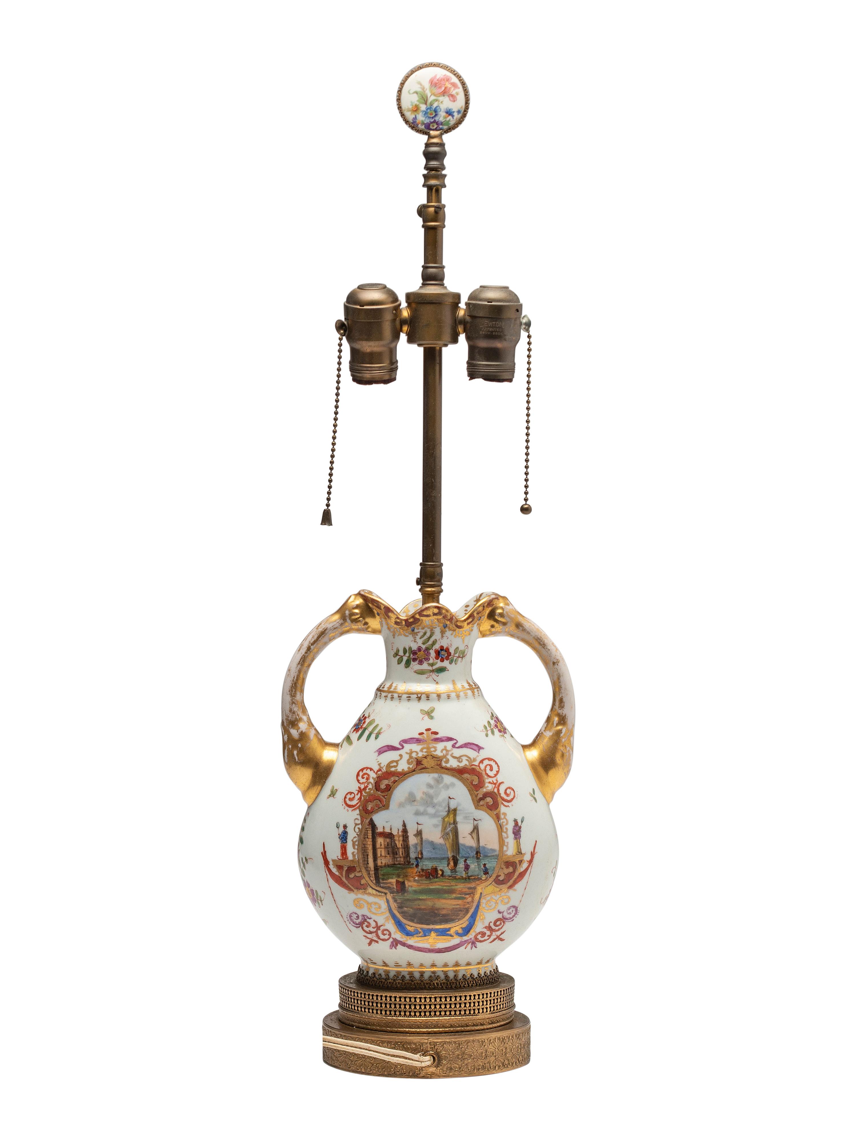 A Continental Porcelain Urn Mounted as a Lamp