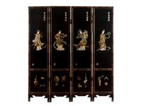 A Chinese Hardstone Inlaid Four-Panel Black Lacquer Floor Screen — 20TH CENTURY