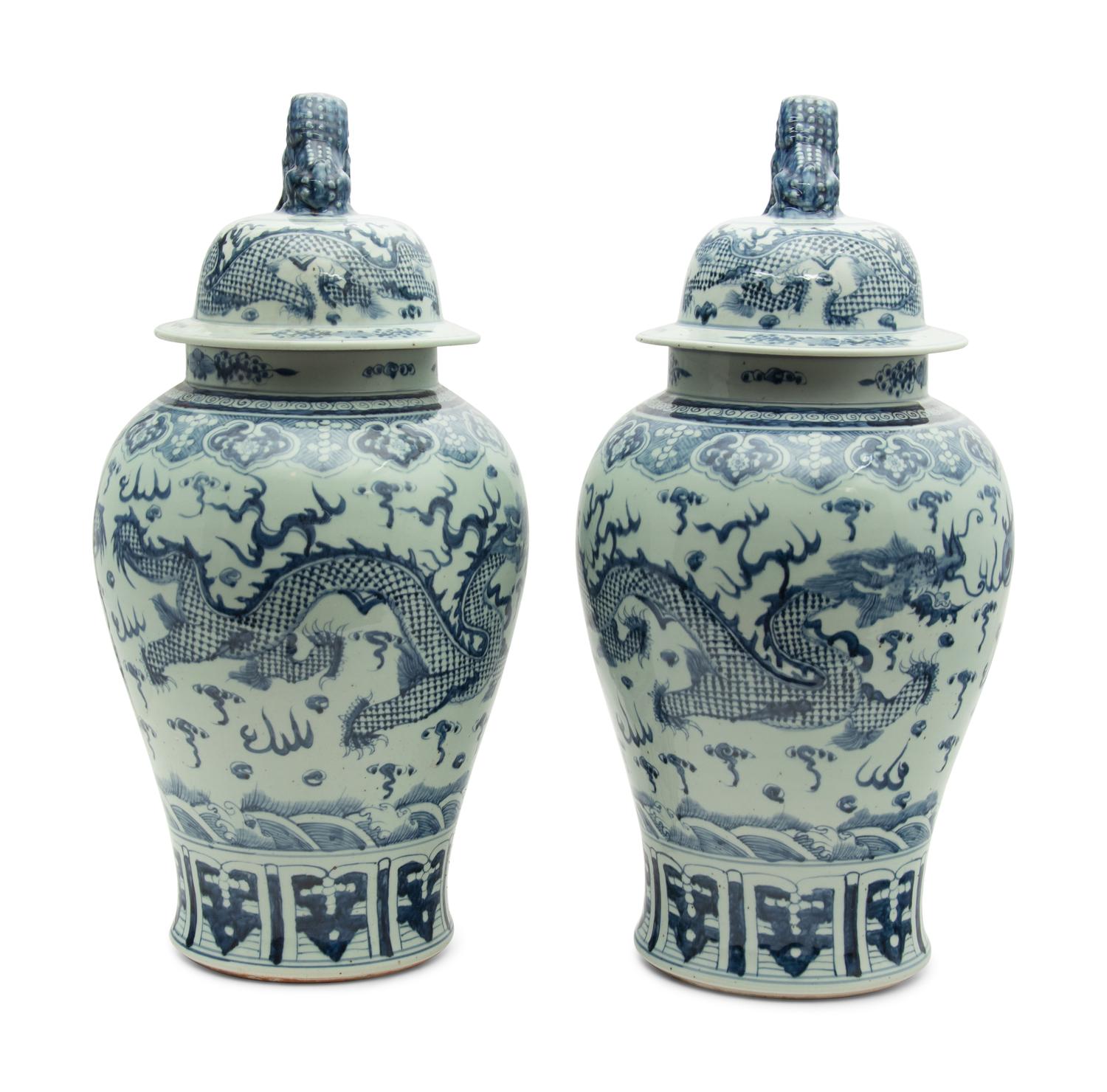 A Large Pair of Chinese Blue and White Porcelain Covered Jars