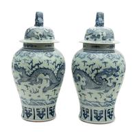 A Large Pair of Chinese Blue and White Porcelain Covered Jars