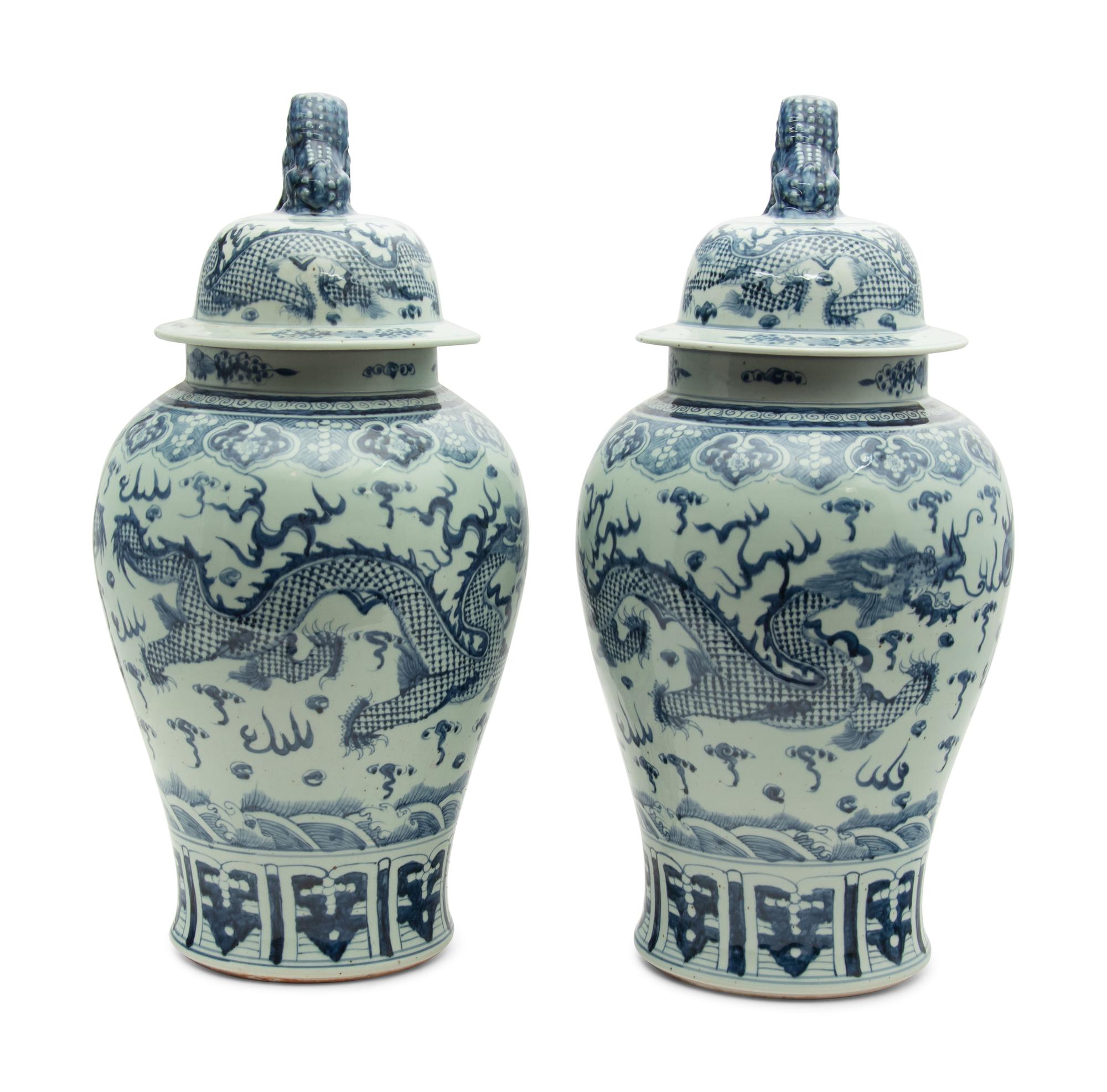 A Large Pair of Chinese Blue and White Porcelain Covered Jars