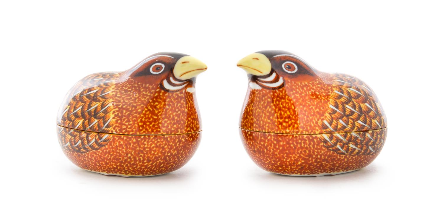 A Pair of Polychrome Painted Porcelain Quail-Form Covered Boxes Height 2 1/4 inches. — REPUBLIC PERIOD