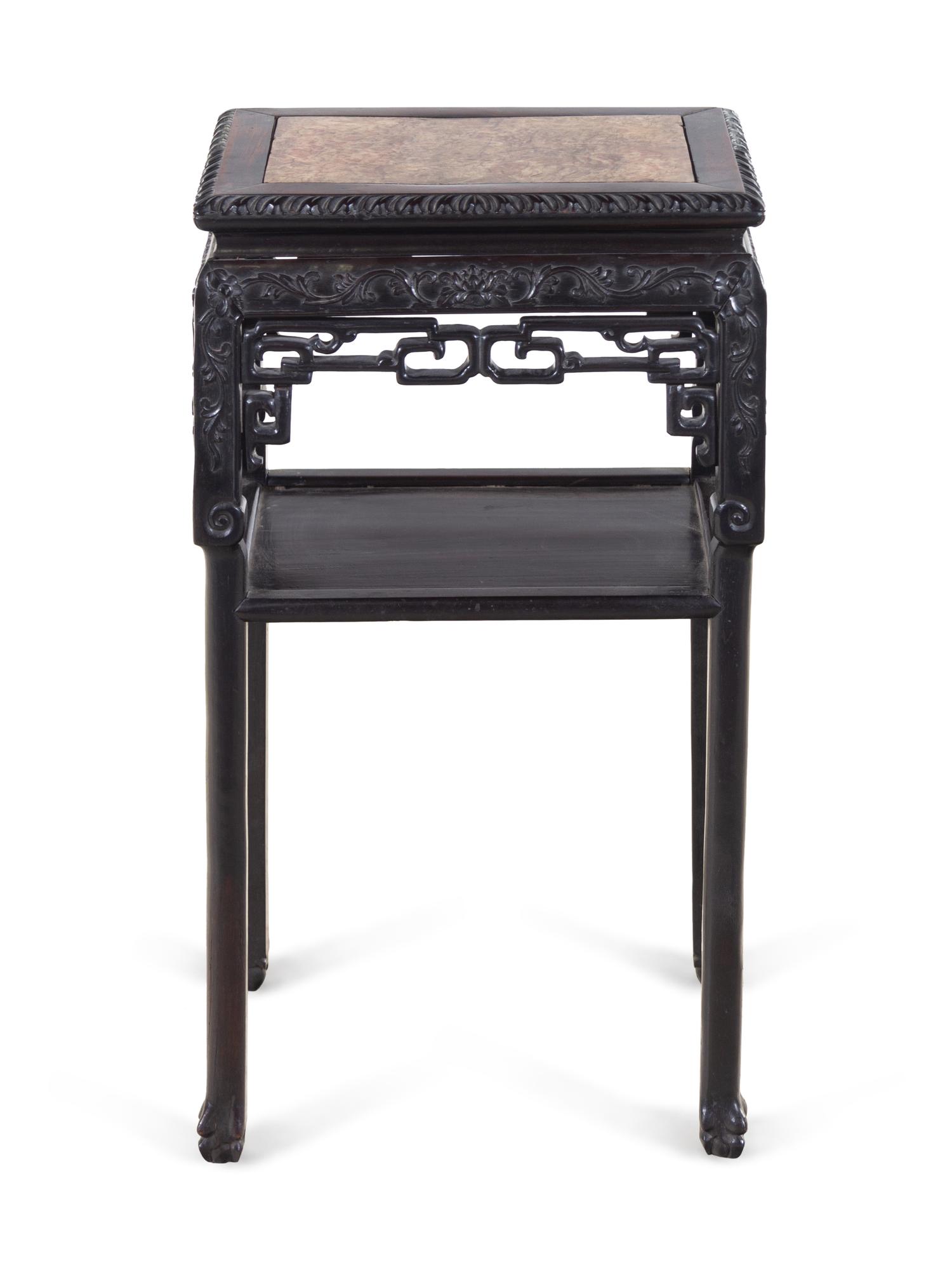 A Chinese Export Carved and Marble-Inset Rosewood Jardinière Stand
