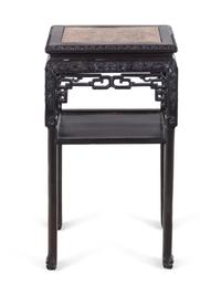 A Chinese Export Carved and Marble-Inset Rosewood Jardinière Stand