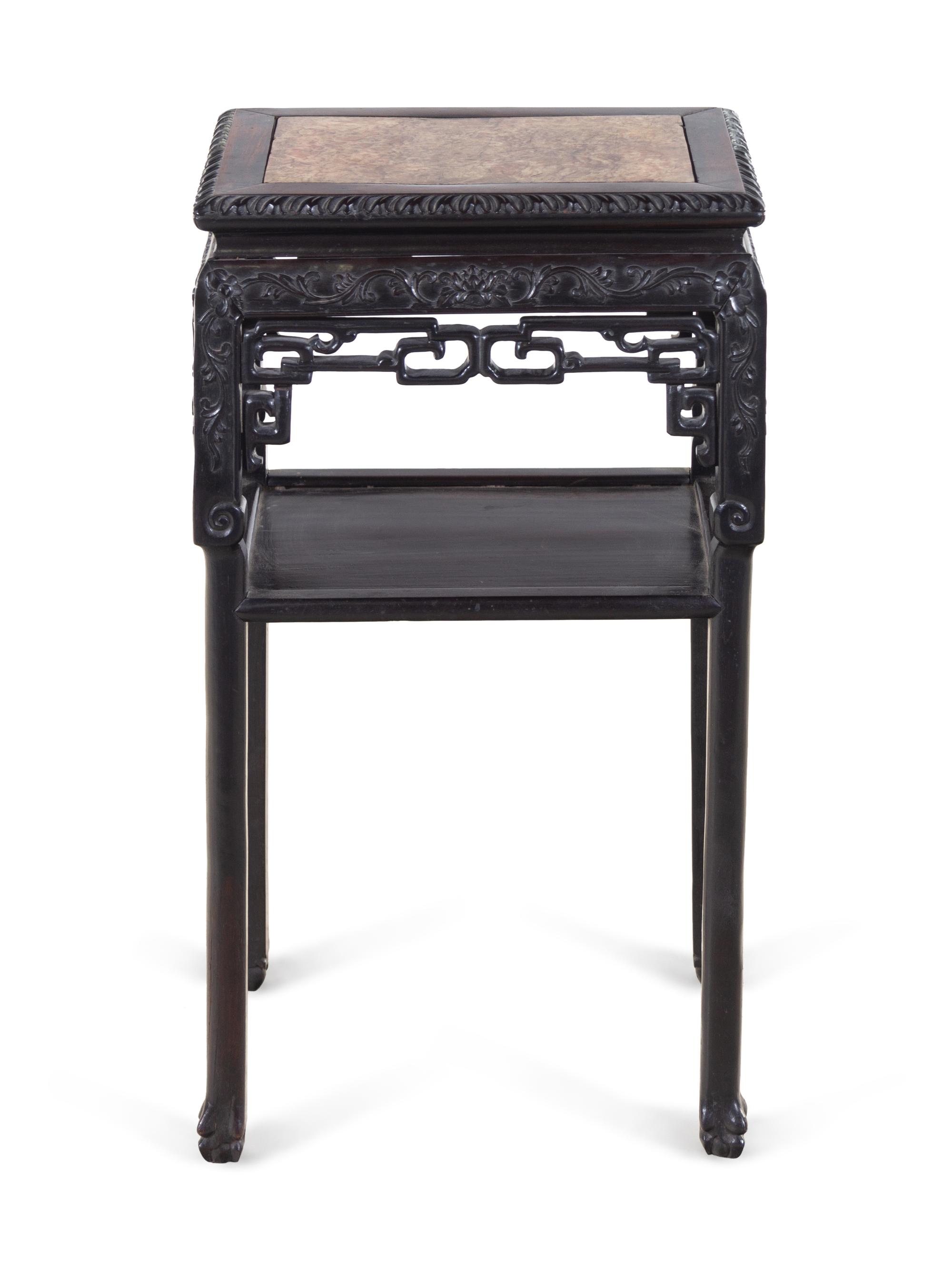 A Chinese Export Carved and Marble-Inset Rosewood Jardinière Stand