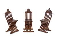 Three Syrian Mother-of-Pearl Inlaid Walnut Folding Chairs