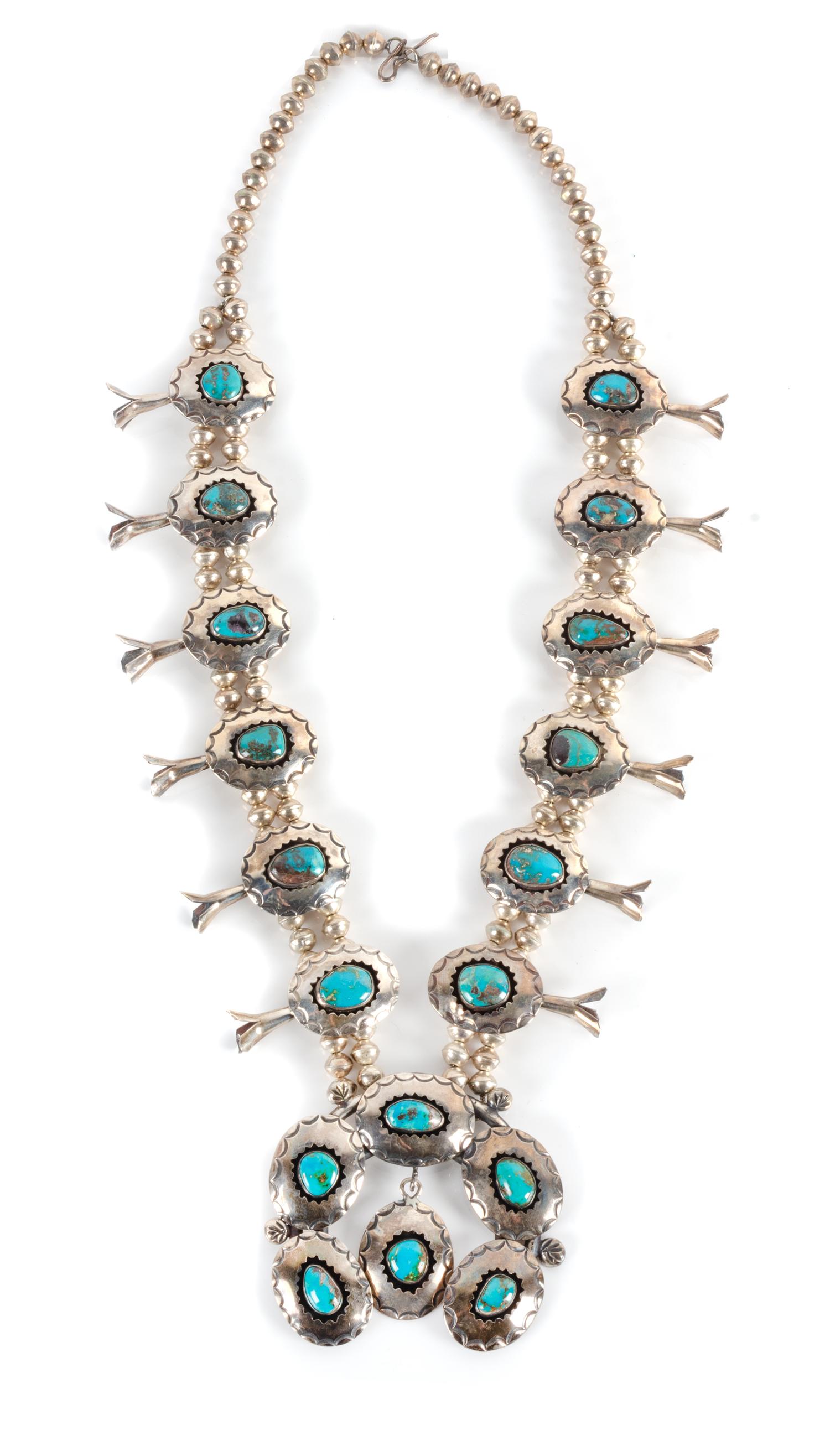 Southwestern Silver and Turquoise Squash Blossom Necklace Length 27 inches