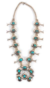 Southwestern Silver and Turquoise Squash Blossom Necklace Length 27 inches