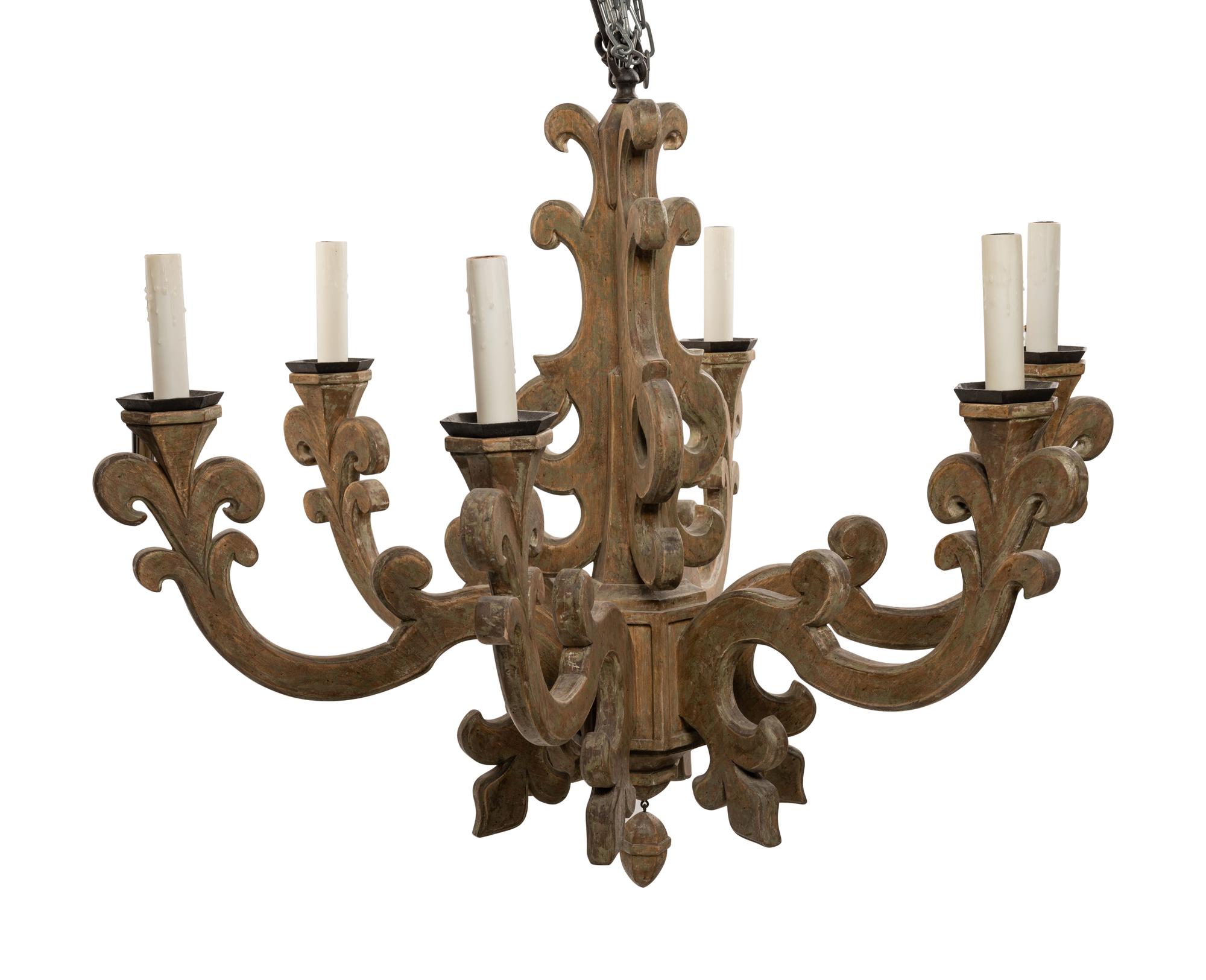 A Baroque Style Carved and Painted Six-Light Chandelier