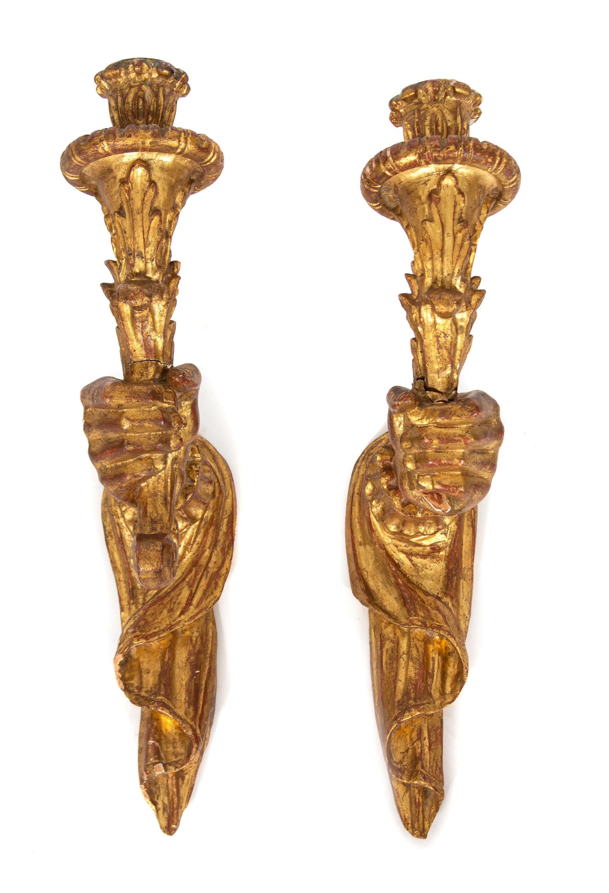 A Pair of Continental Giltwood Sconces Height 19 inches. — LATE 19TH/EARLY 20TH CENTURY