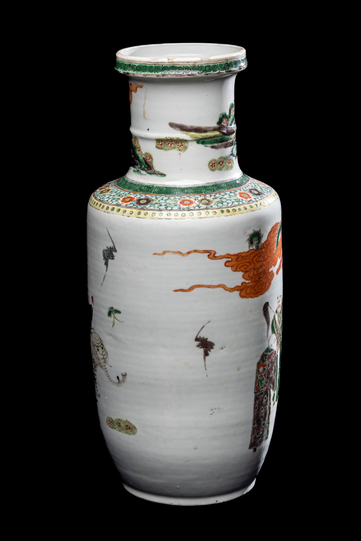 A Chinese Famille Verte Porcelain Rouleau Vase