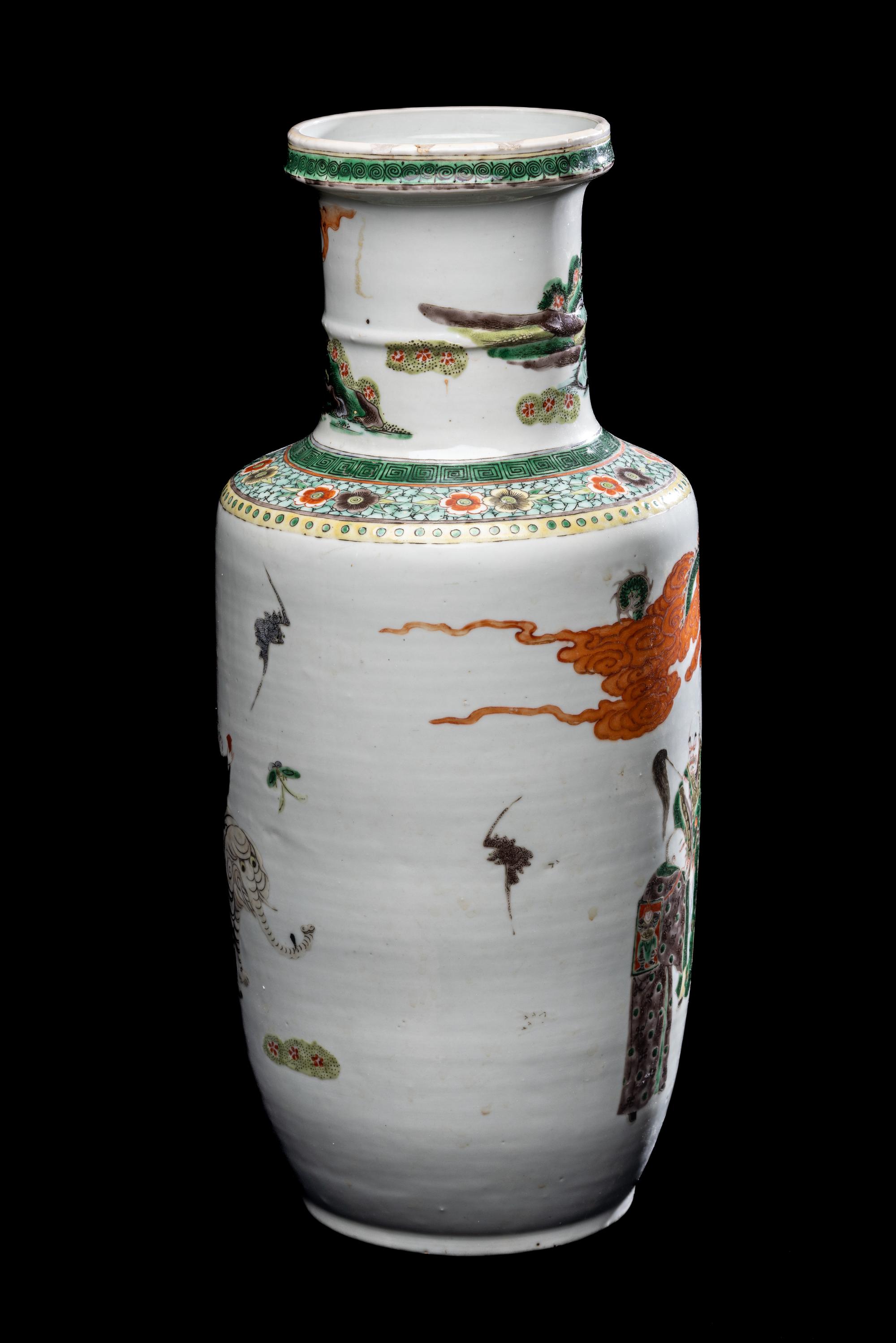 A Chinese Famille Verte Porcelain Rouleau Vase