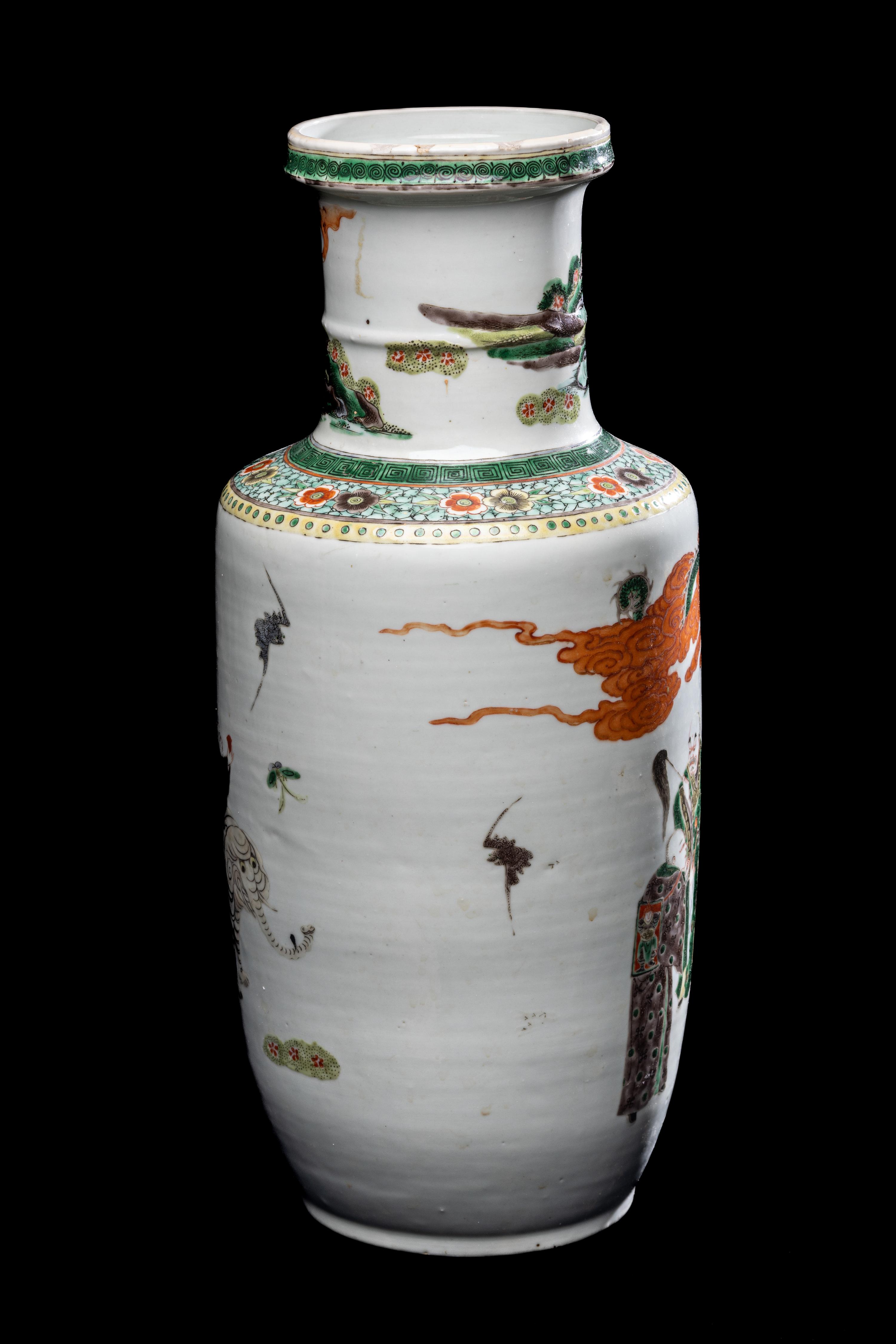A Chinese Famille Verte Porcelain Rouleau Vase