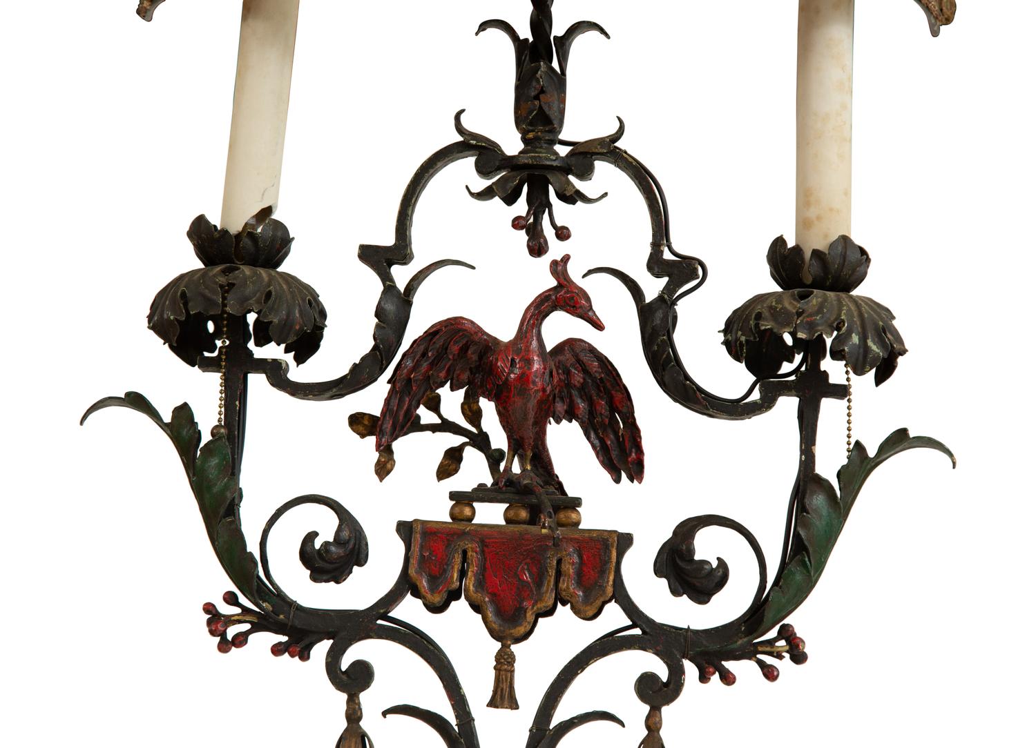 A Mizner Style Painted and Parcel Gilt Wrought Iron Four-Light Torchère with Polychromed Leather Shade