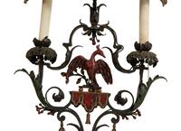 A Mizner Style Painted and Parcel Gilt Wrought Iron Four-Light Torchère with Polychromed Leather Shade