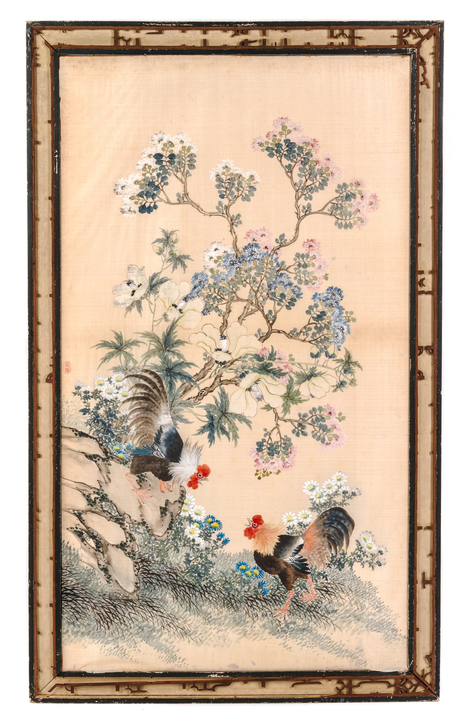 Attributed to Wang Chenxun, LATE QING DYNASTY, Roosters under Flowering Branches