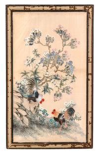 Attributed to Wang Chenxun, LATE QING DYNASTY, Roosters under Flowering Branches