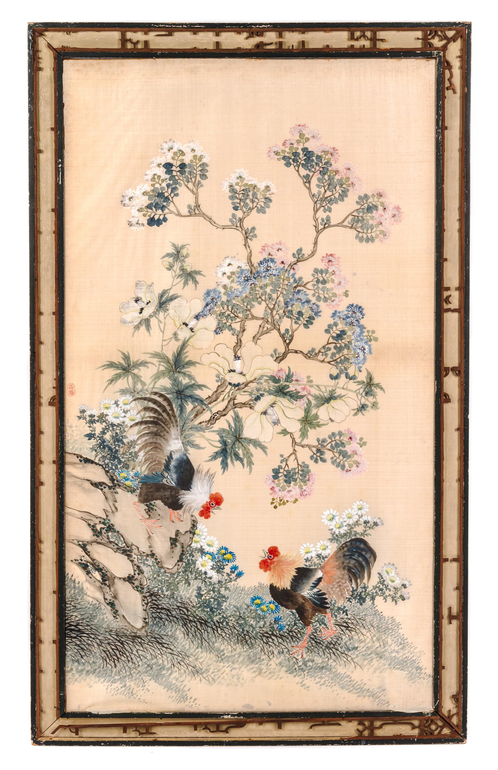 Attributed to Wang Chenxun, LATE QING DYNASTY, Roosters under Flowering Branches