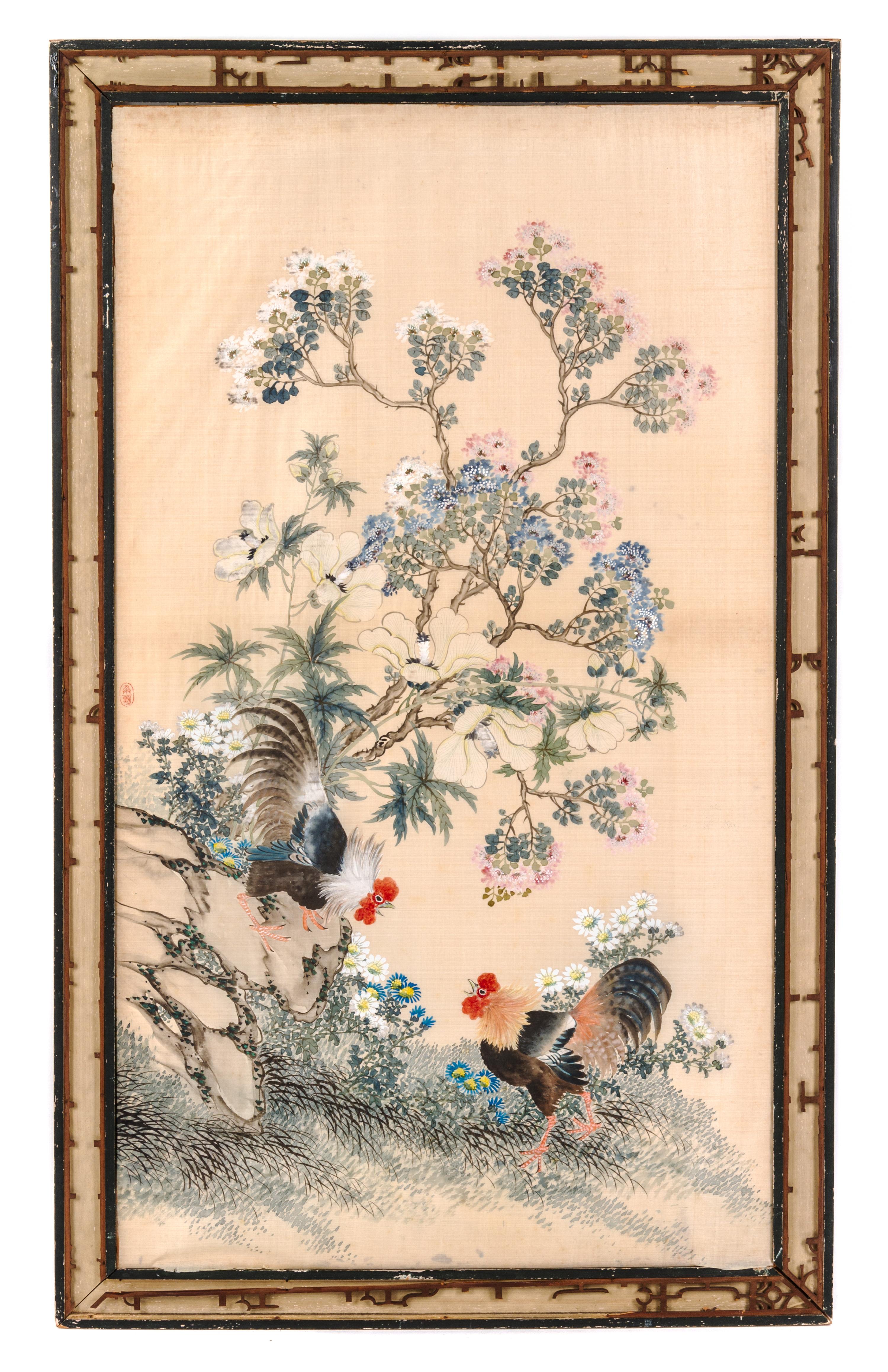 Attributed to Wang Chenxun, LATE QING DYNASTY, Roosters under Flowering Branches
