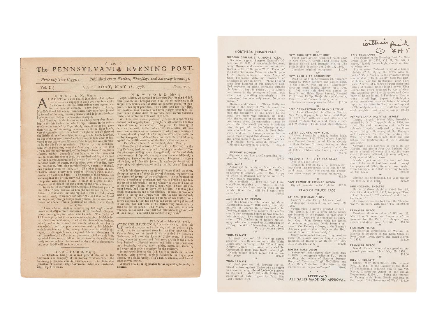 [REVOLUTIONARY WAR]. Group of 3 newspapers incl. a 1776 Penn. Evening Post and The Salem Gazette .