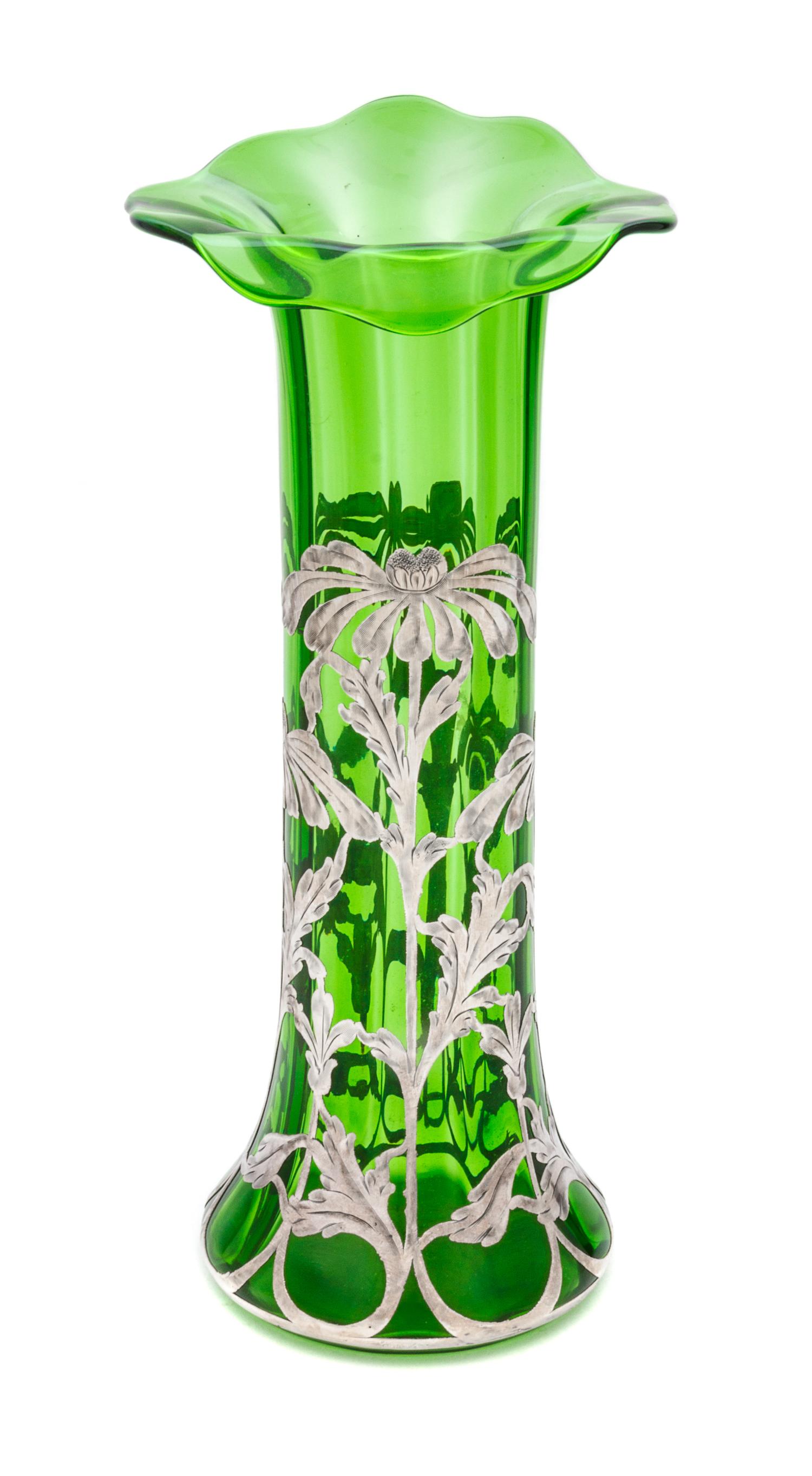 An Art Nouveau Silver Overlay Glass Vase Height 11 1/8 inches.