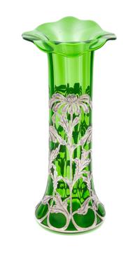 An Art Nouveau Silver Overlay Glass Vase Height 11 1/8 inches.