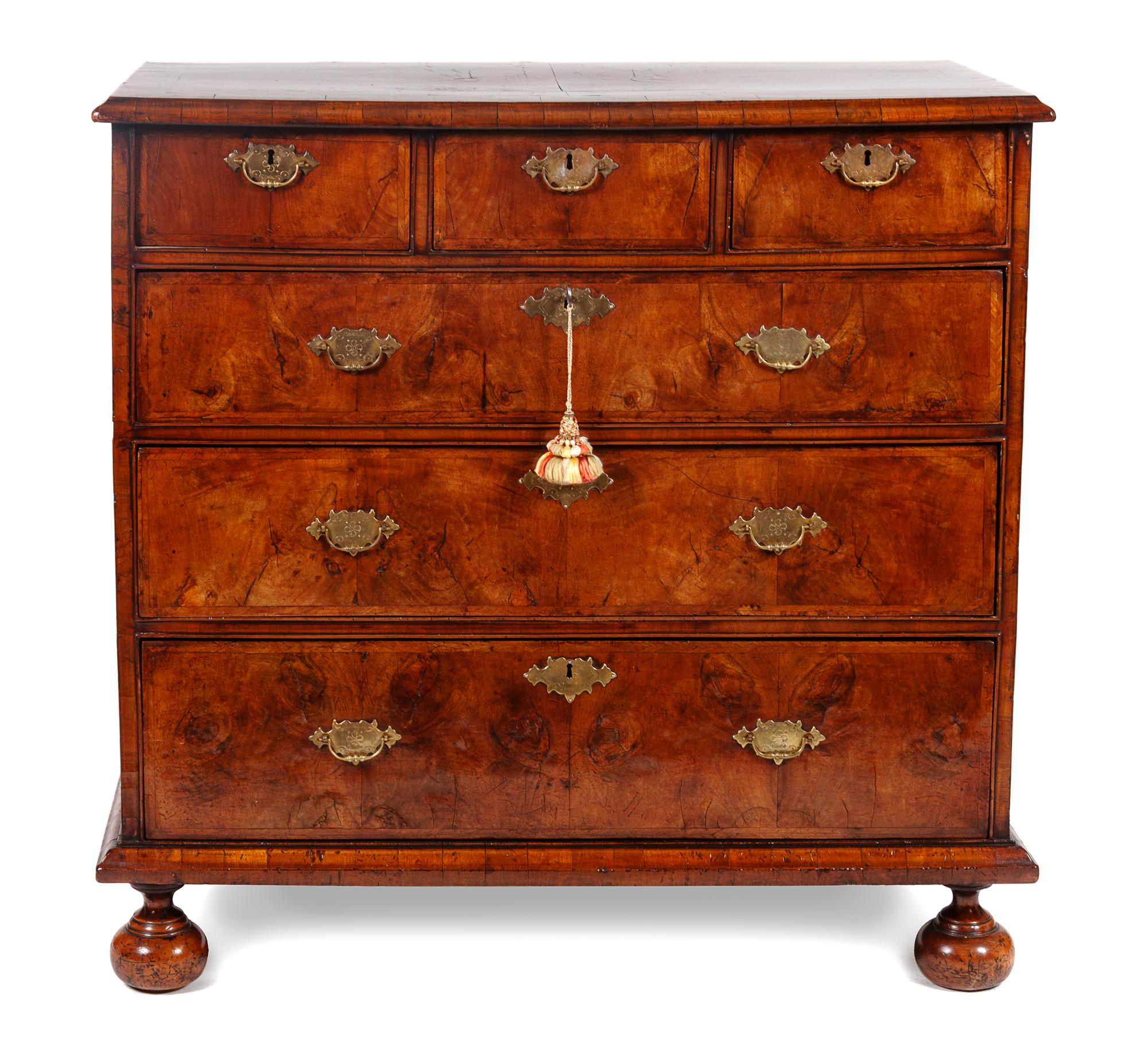 A William and Mary Walnut Chest of Drawers Height 39 x width 39 3/4 x depth 21 inches. — CIRCA 1680