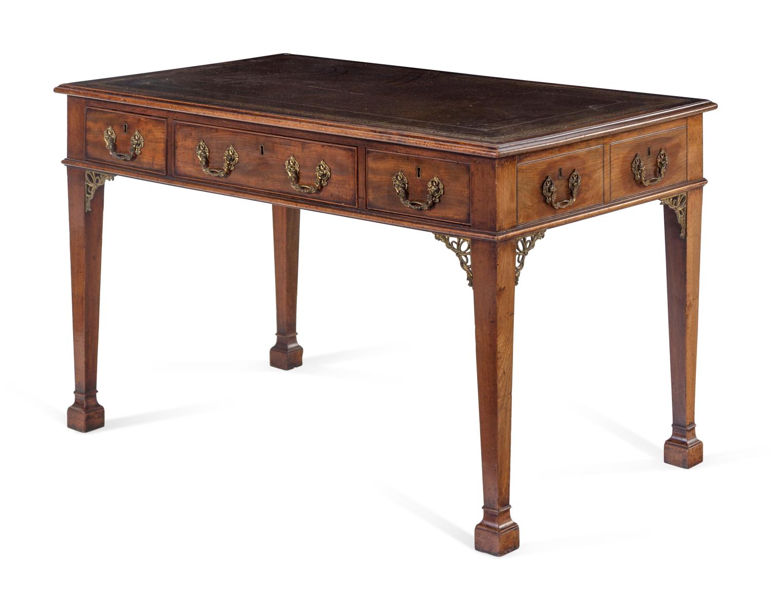 A George III Tooled-Leather Inset Mahogany Marlborough-Foot Writing Table
