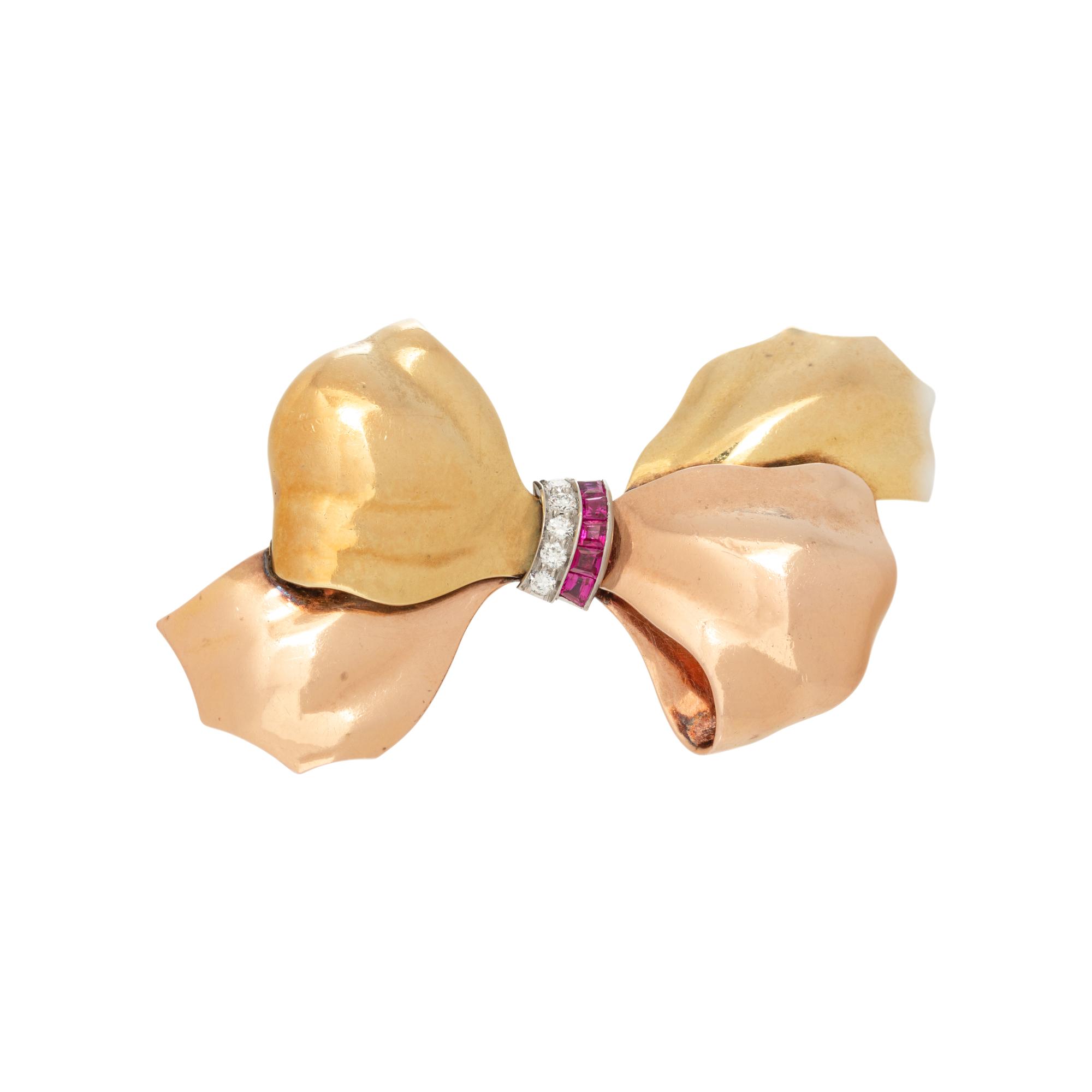 RETRO, BICOLOR GOLD, RUBY AND DIAMOND BOW BROOCH