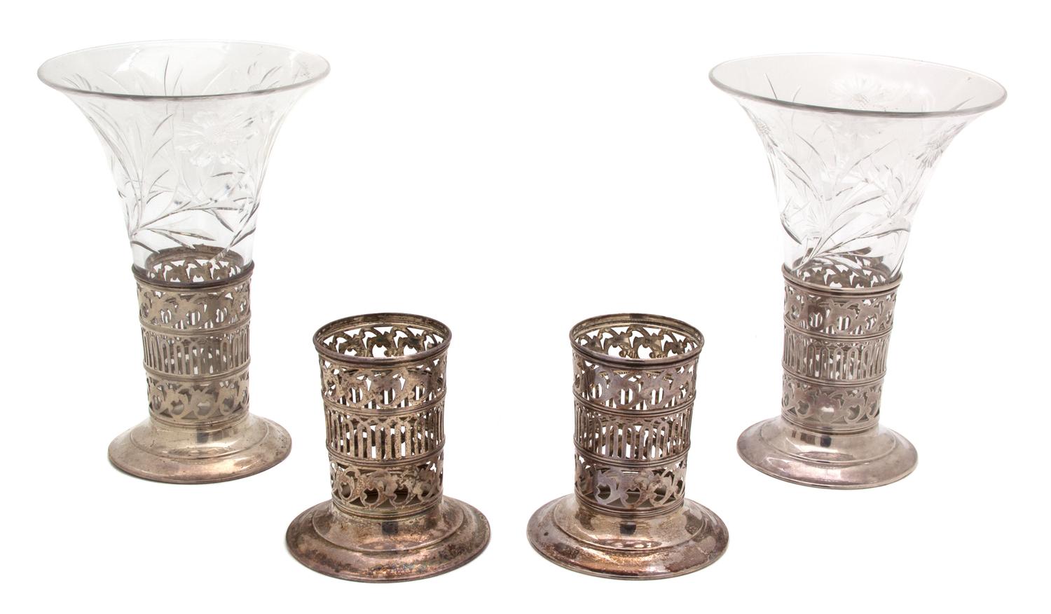A Group of Four American Silver Trumpet Form Vase Holders, Wilcox & Wagoner, New York, NY, 20th Century, two having cut glass inserts