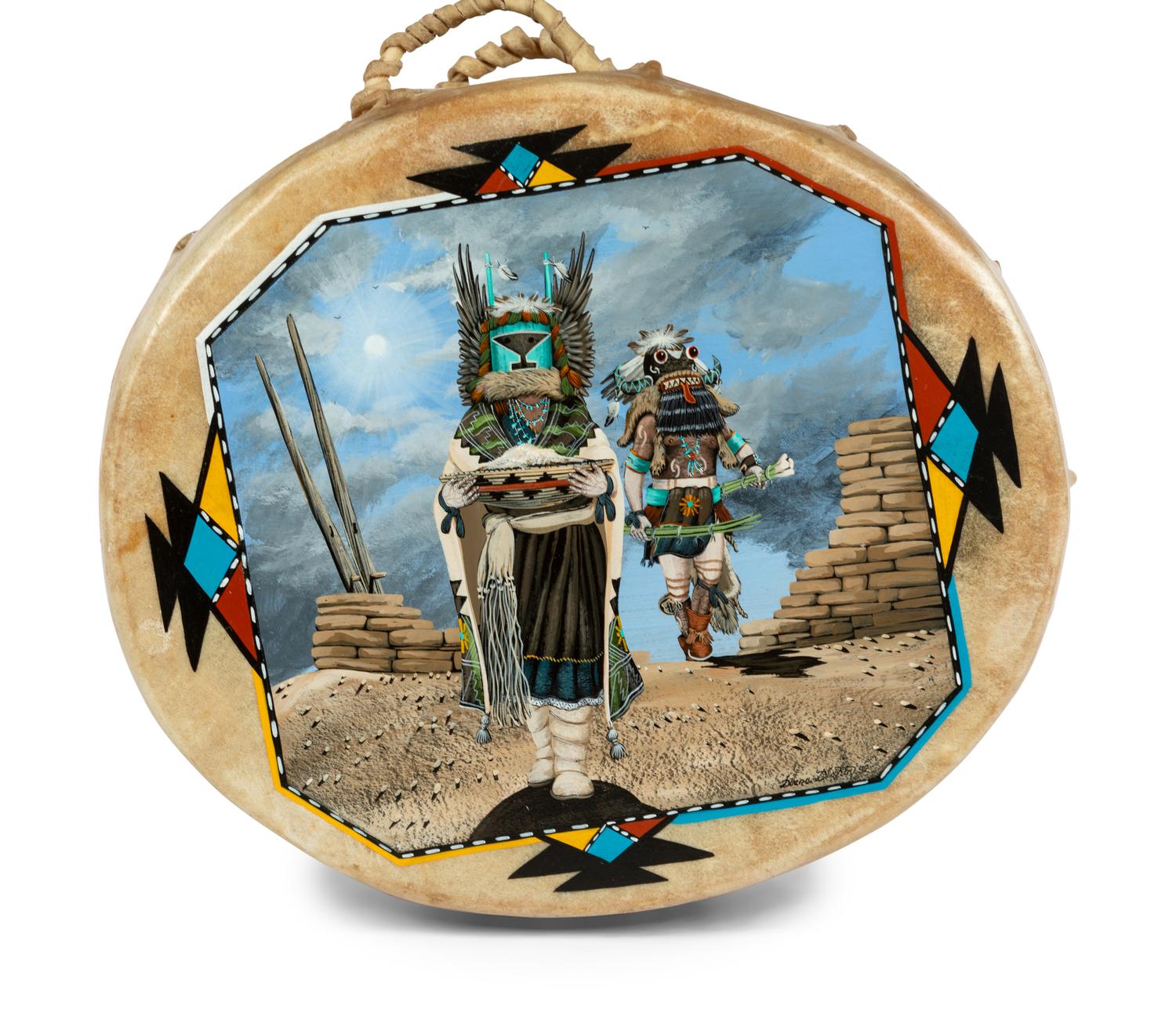 Painted Wood Drum, Crow Mother and Whipper Katsinas